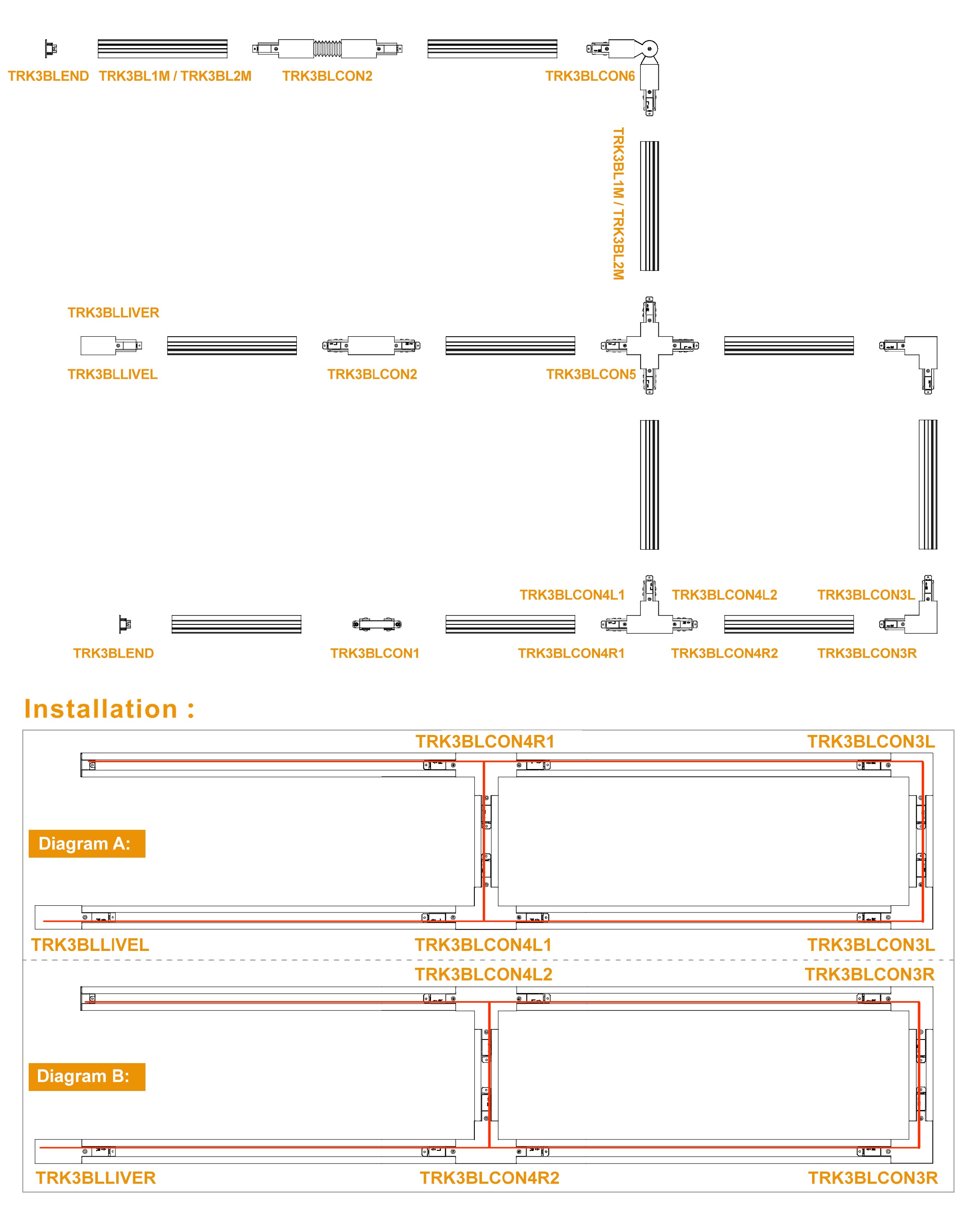4 Wire 3 Circuit Universal Tracks, Connectors, End Cap & Live End
