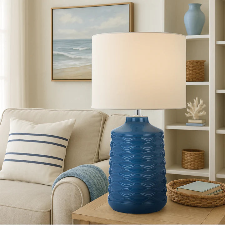 Agra White/Grey, Butterscotch/White or Blue/White Ceramic Table Lamp with Fabric Shade