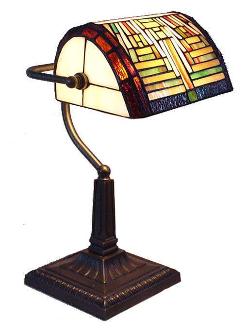 Multi-Colour Geometric Tiffany Glass Banker Lamp