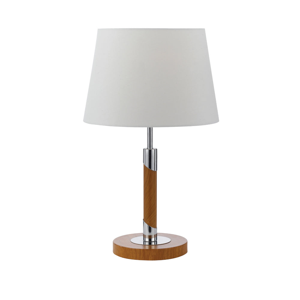 Belmore Walnut/Chrome or Teak/Chrome Table Lamp with White Fabric Shade