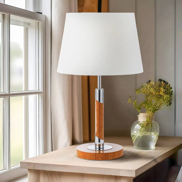 Belmore Walnut/Chrome or Teak/Chrome Table Lamp with White Fabric Shade