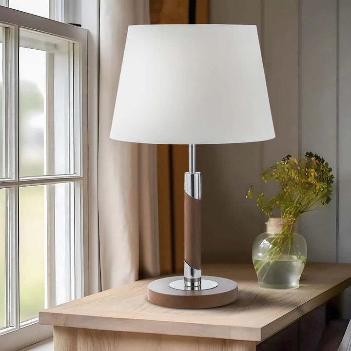 Belmore Walnut/Chrome or Teak/Chrome Table Lamp with White Fabric Shade