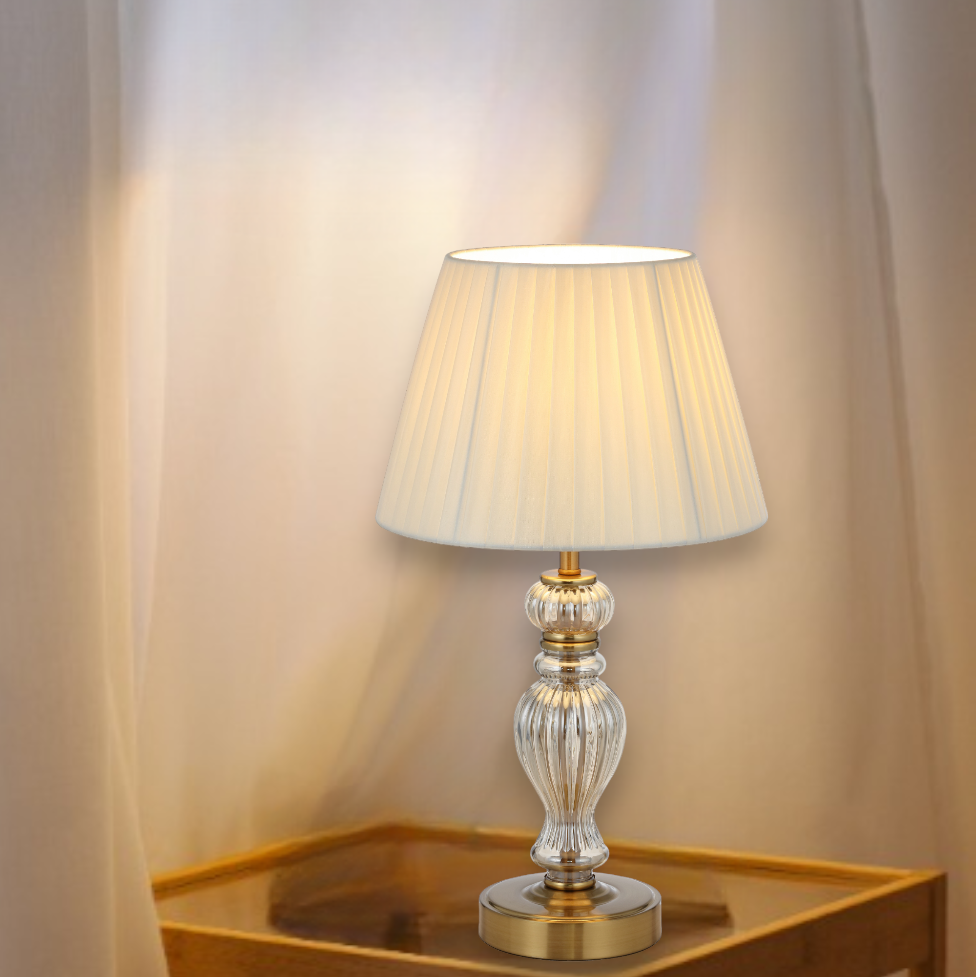 Cadiz Chrome or Antique Gold & Glass Table Lamp with Fabric Shade