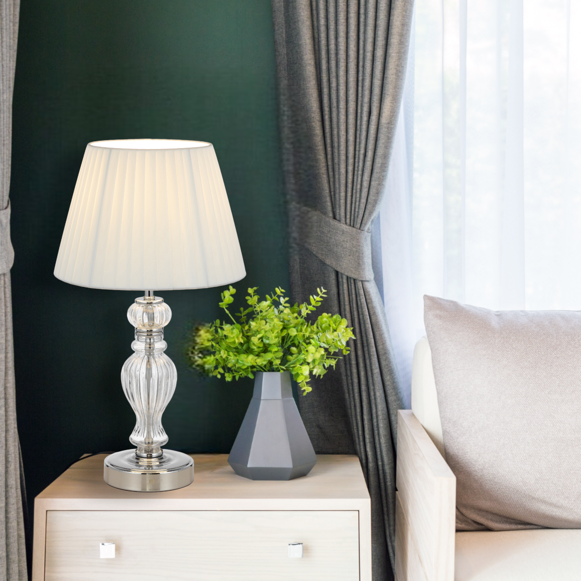 Cadiz Chrome or Antique Gold & Glass Table Lamp with Fabric Shade