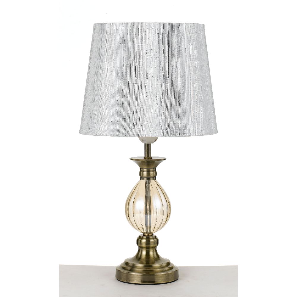 Crest Antique Brass & Amber Glass Table Lamp with Gold Fabric Shade