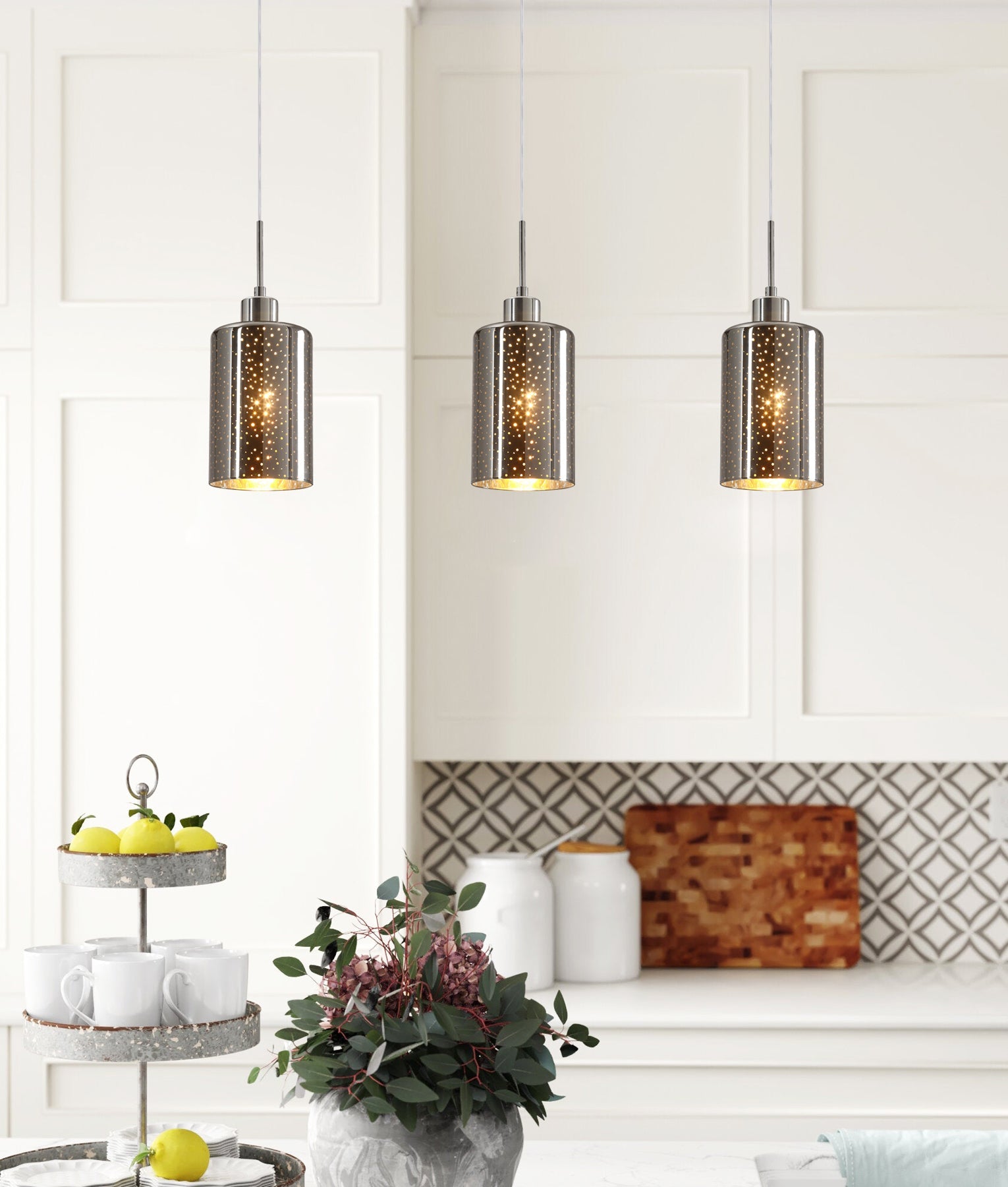 ESPEJO3: Interior Iron & Chrome Oblong Glass with Dotted Effect Pendant Lights