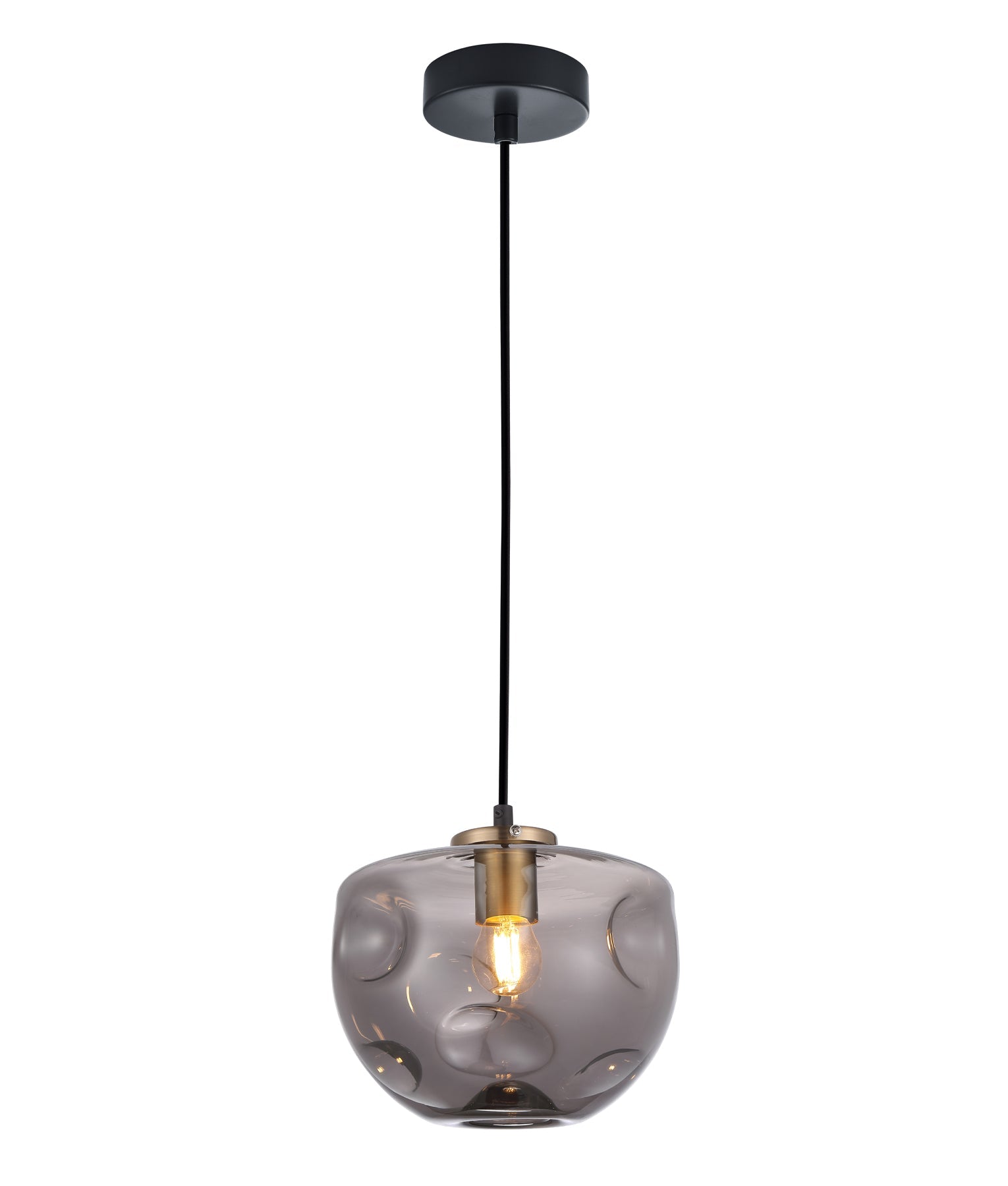FOSSETTE: Interior Dimpled Smokey Black Mirror Finish Glass Pendant Light