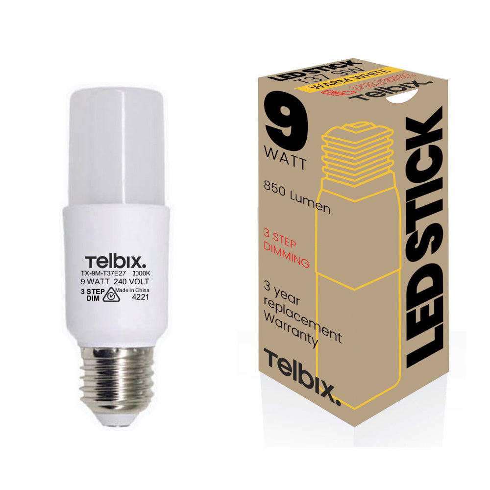 T37 Tubular 9W E27 6000K, 4000K or 3000K LED Globe 3Step Dimming