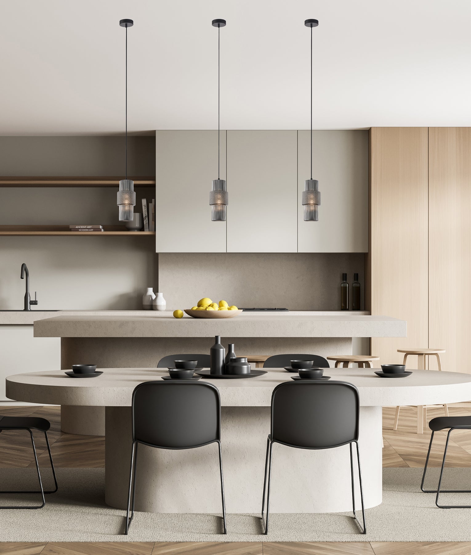 Hueca: Interior Double Cylinder Ribbed with Segment Pendant Lights