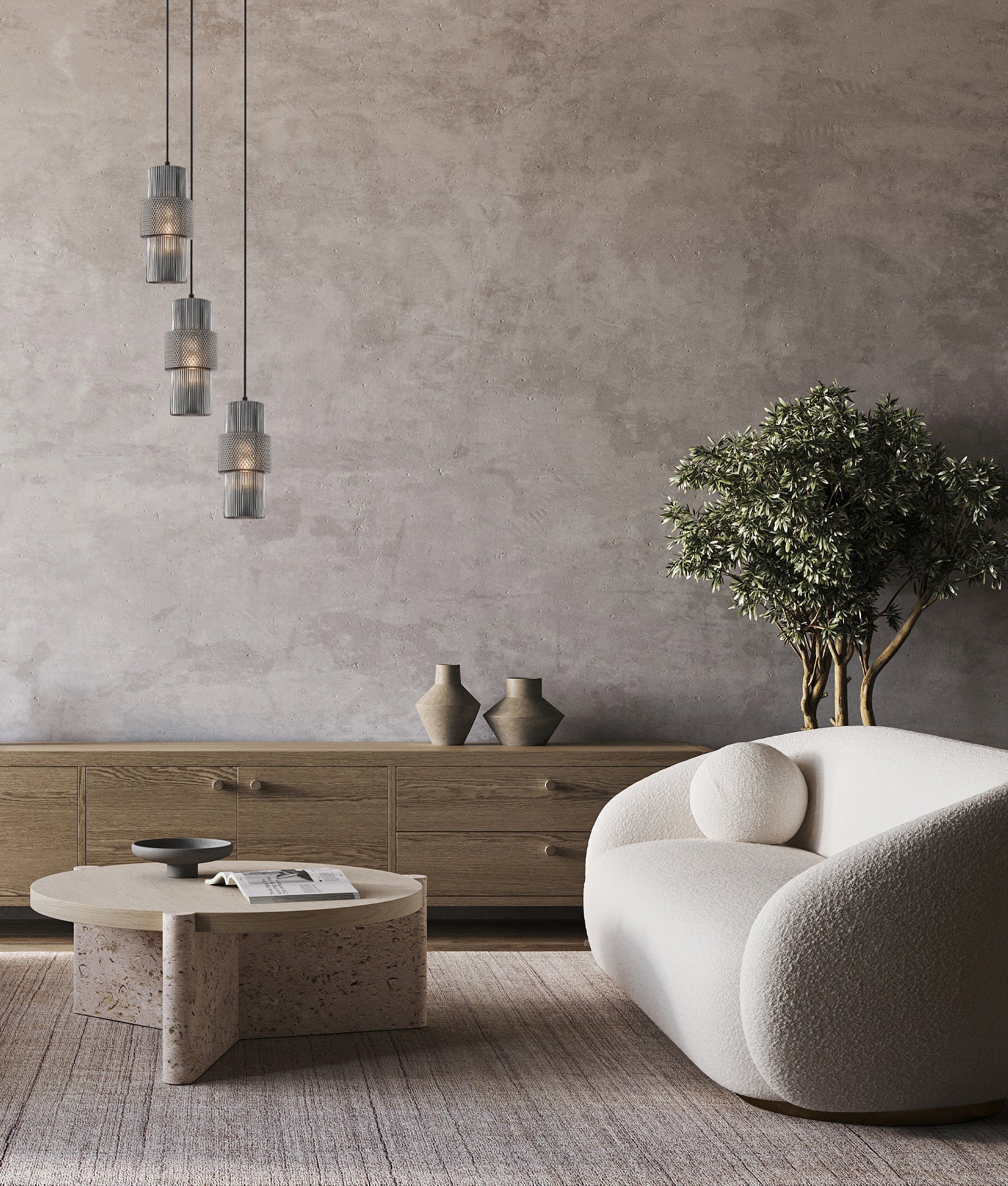 HUECA: Interior Double Cylinder Ribbed with Segment Pendant Lights