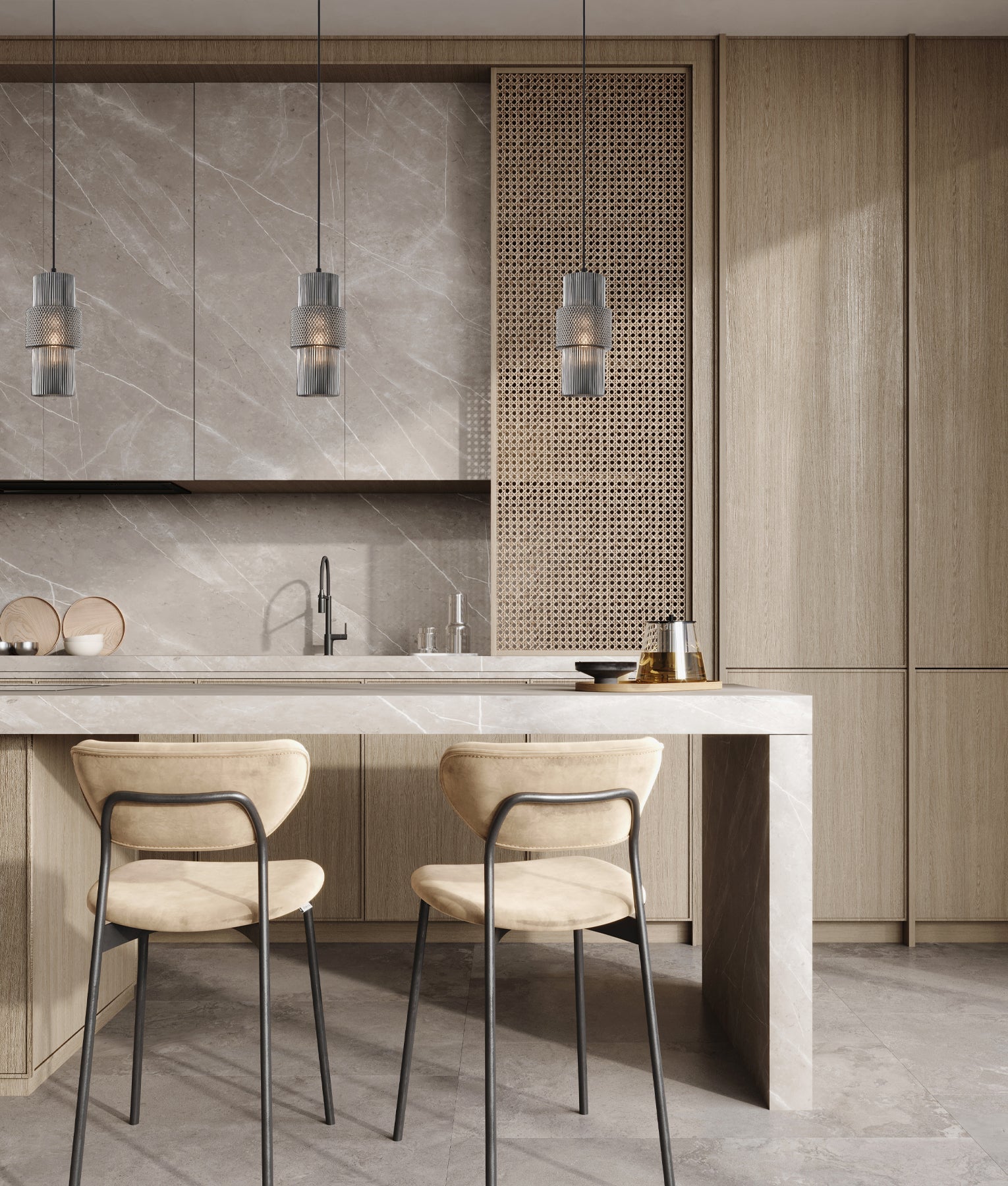 Hueca: Interior Double Cylinder Ribbed with Segment Pendant Lights