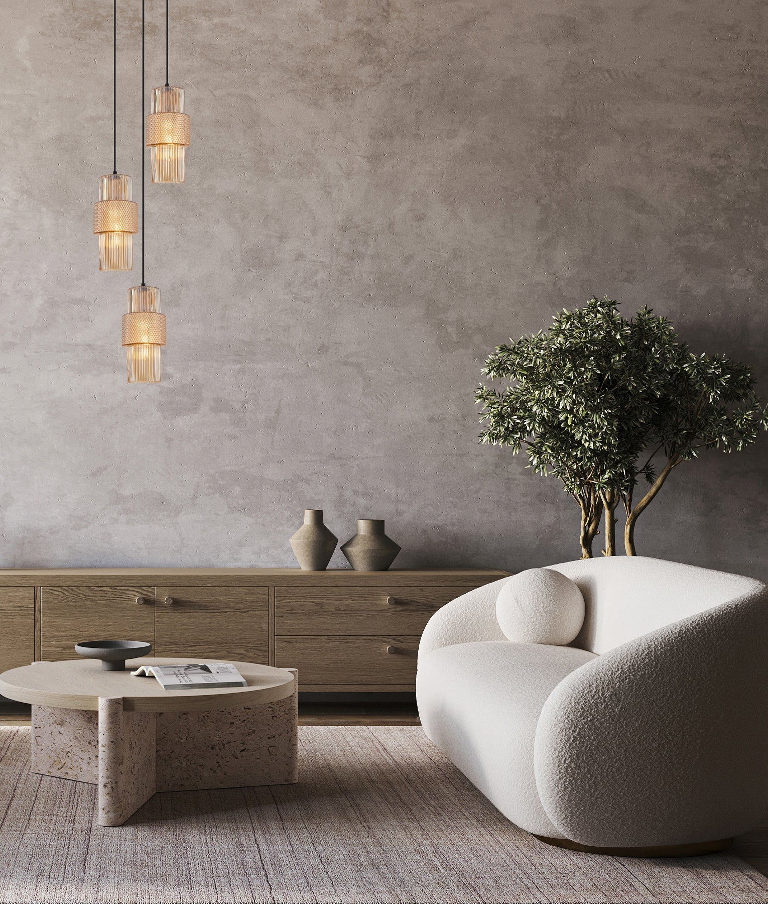 Hueca: Interior Double Cylinder Ribbed with Segment Pendant Lights