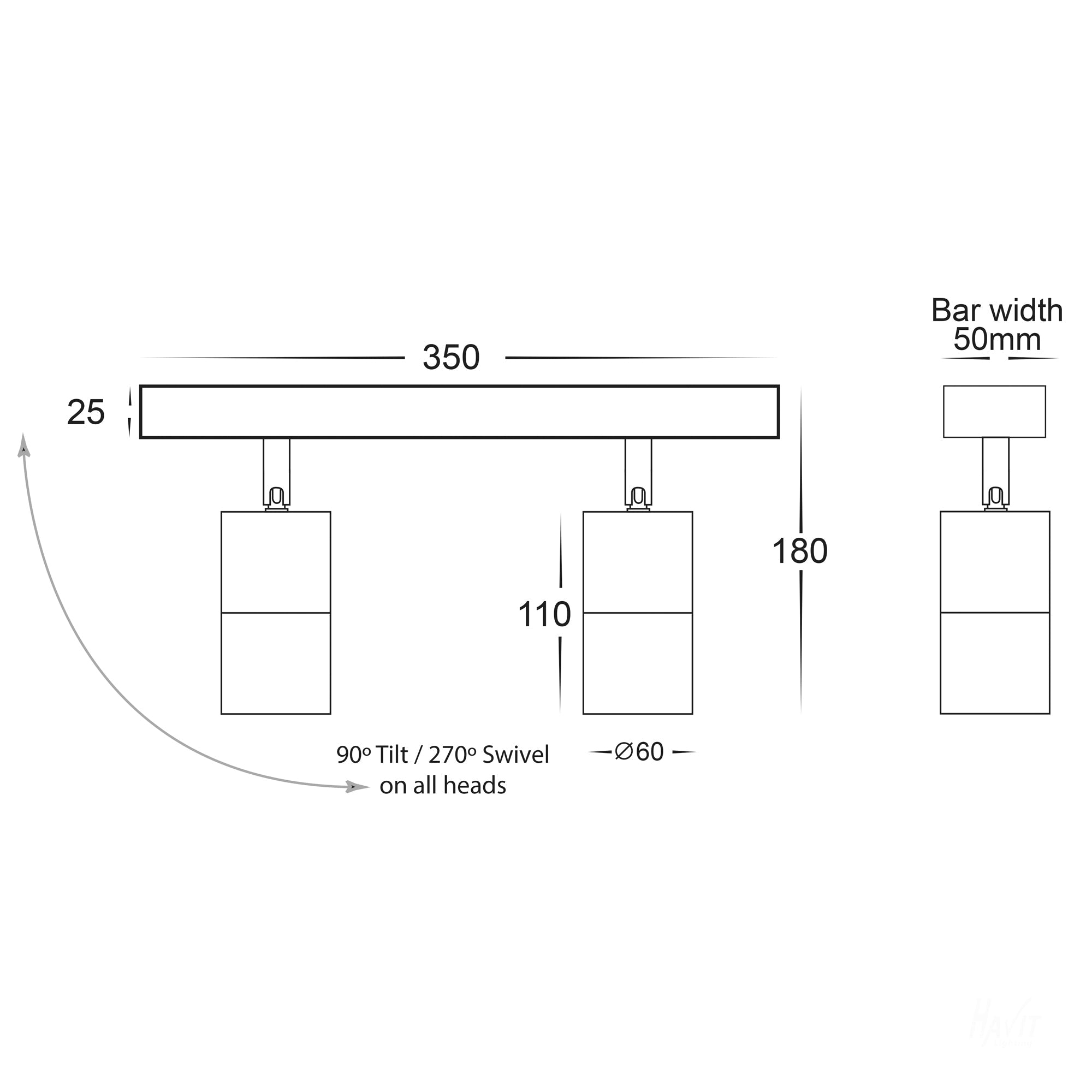 HV4001T-2-BLK - Tivah Black 2 Light TRI Colour LED Bar Lights
