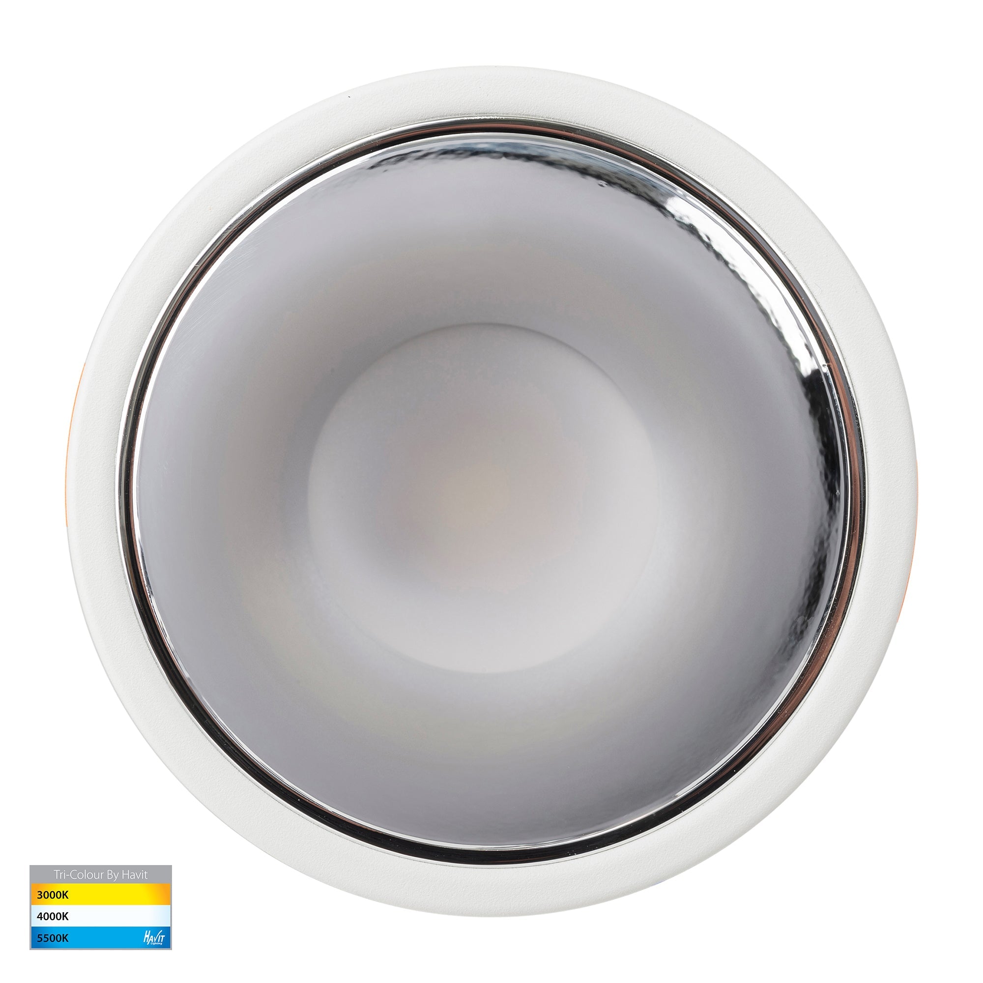 HV5528T-WC - Gleam White with Chrome Insert Tri Colour Fixed Deep LED Downlight