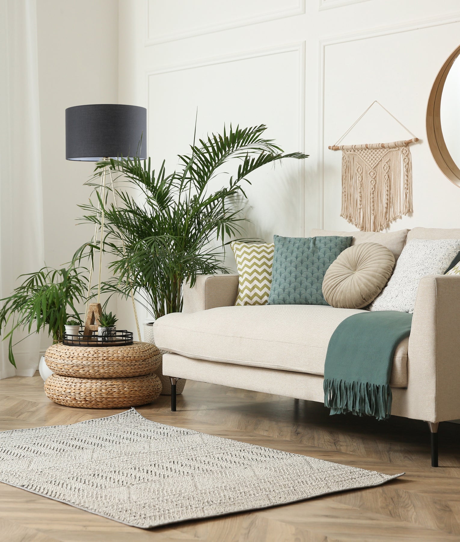 JAMBES: Drum Shade with Antique Brass Tripod Floor Lamps