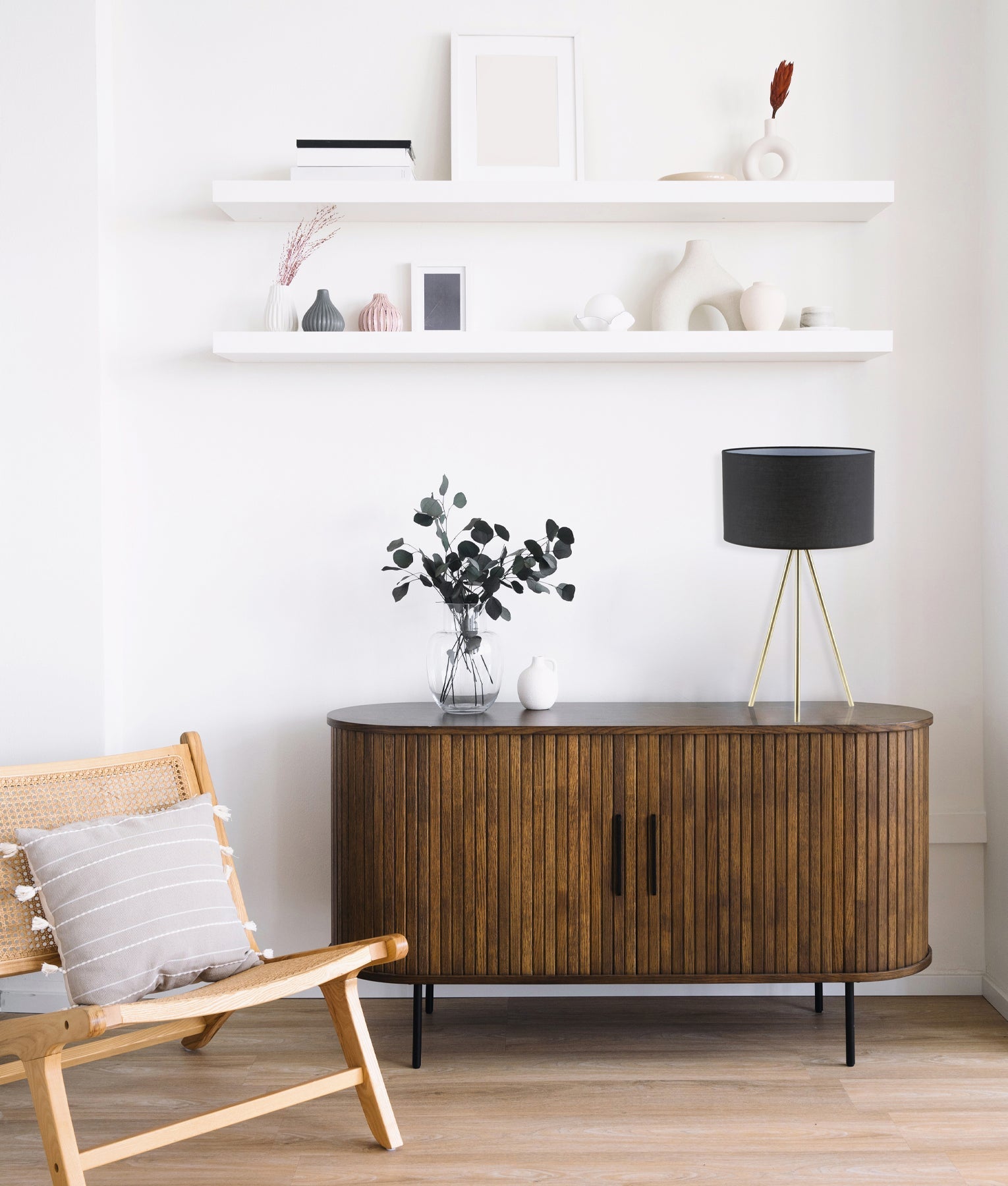 JAMBES: Drum Shade with Antique Brass Tripod Table Lamps