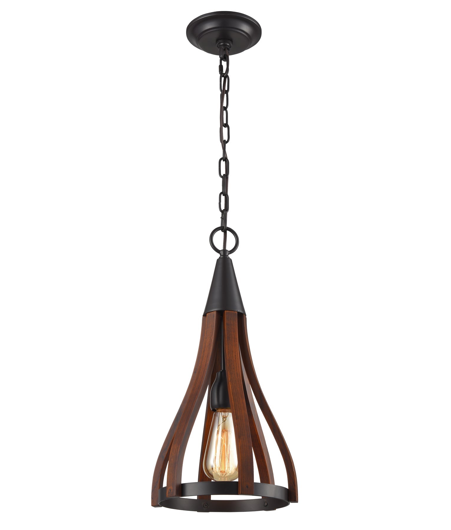 KHALEESI: Medieval Style Rustic Oak Dark Red Wood Small Bell Shape Pendant Light