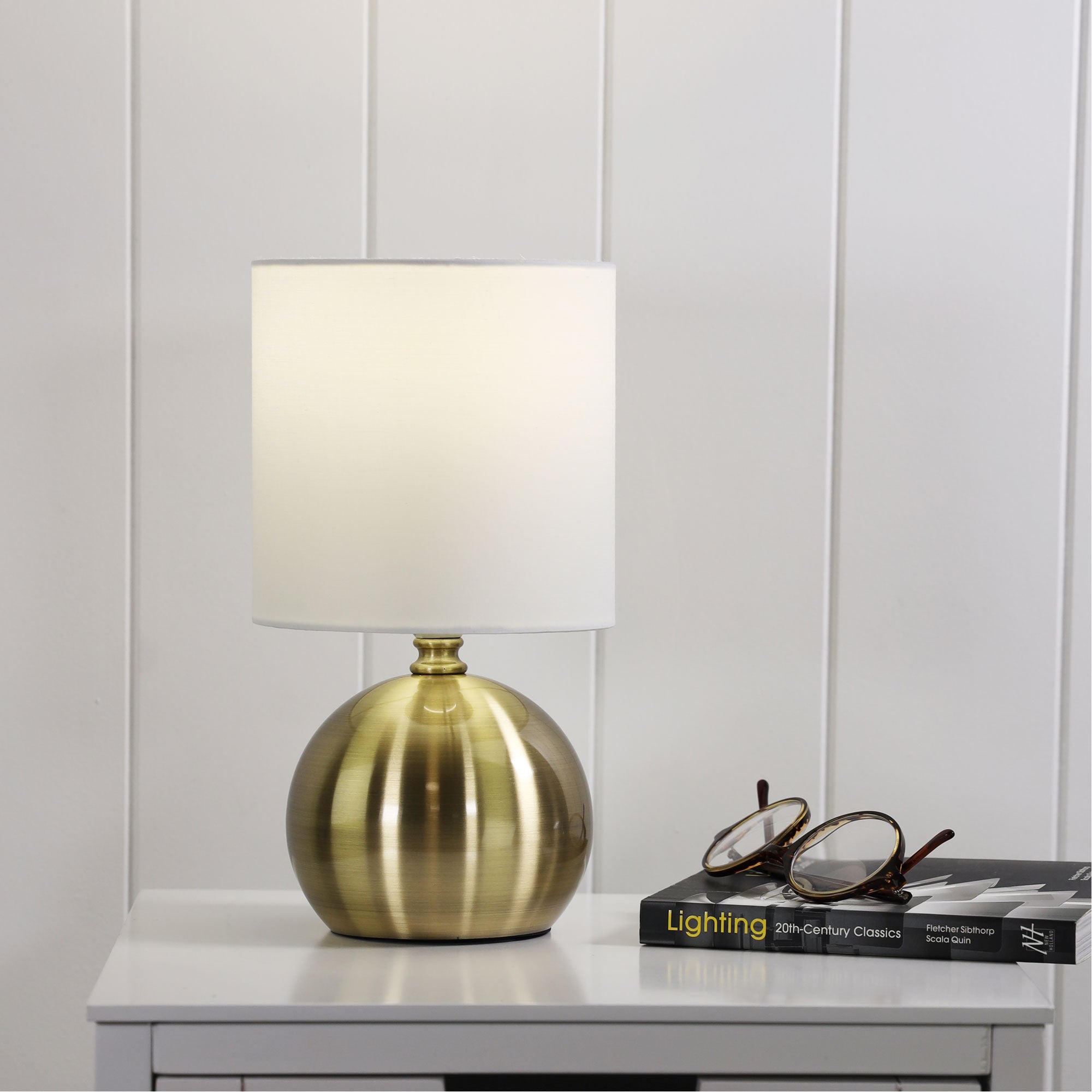 Lotti Antique Brass & White Fabric On/Off Touch Lamp