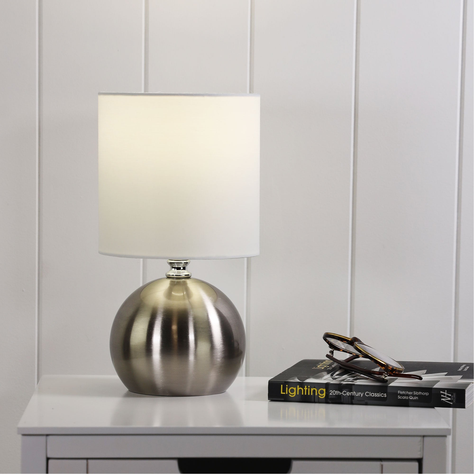 Lotti Brushed Chrome & White Fabric On/Off Touch Lamp