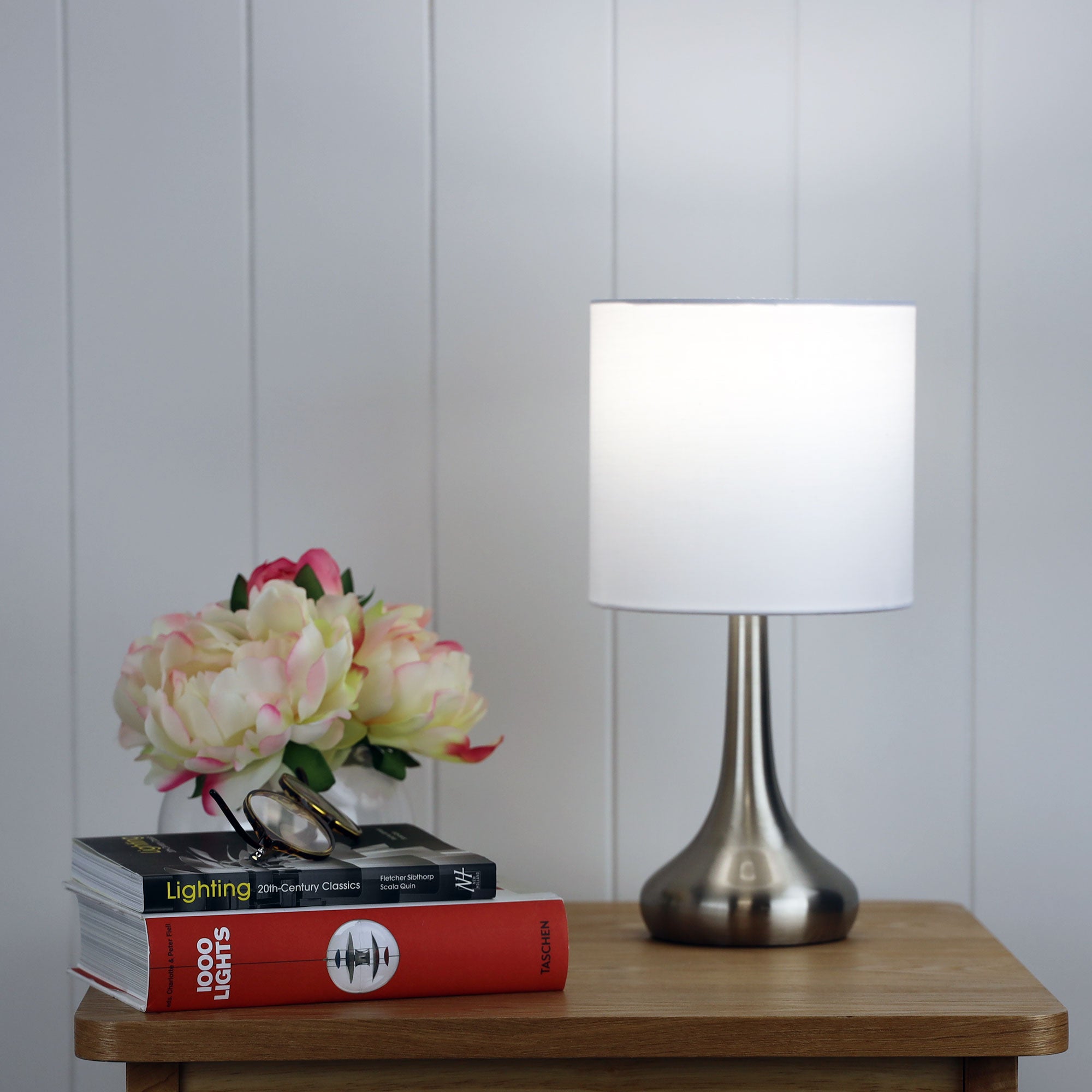 Lola Brushed Chrome & White Fabric On/Off Touch Lamp