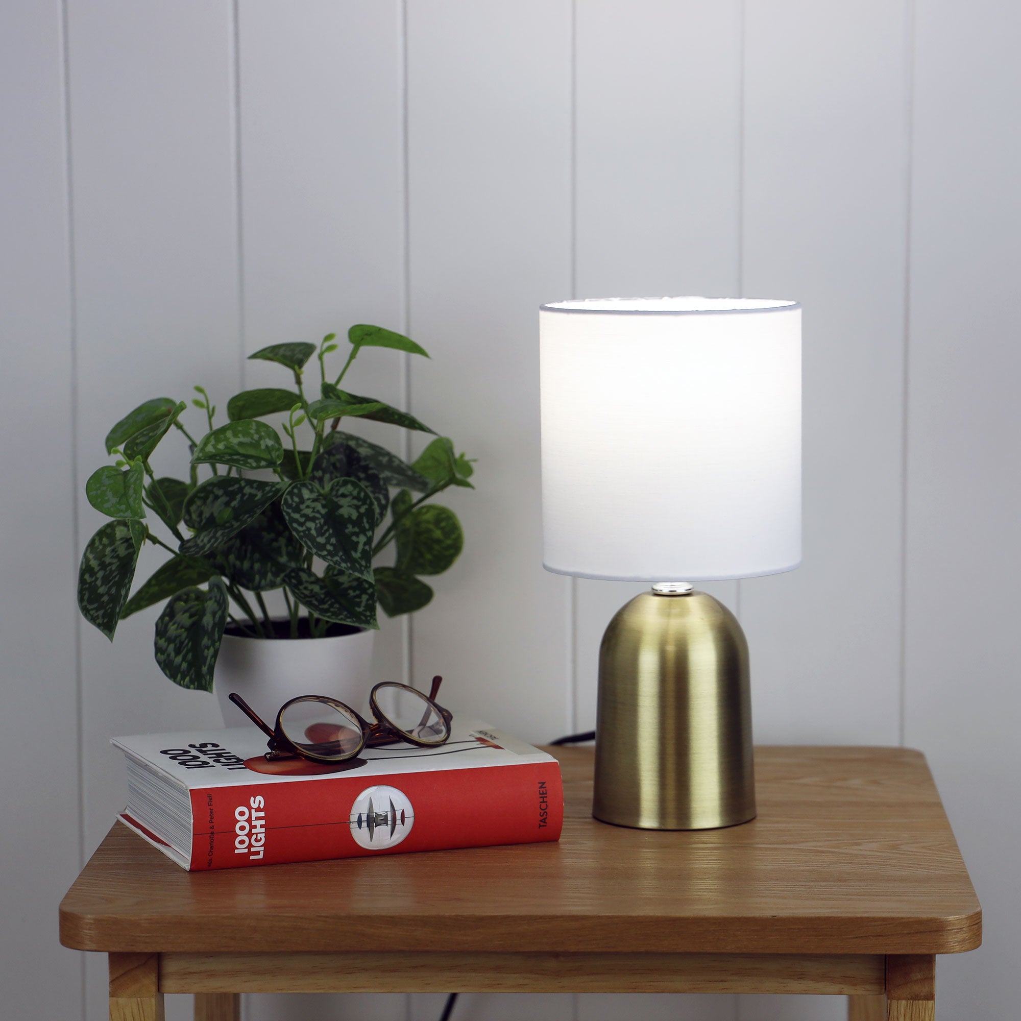 Espen Antique Brass & White Fabric On/Off Touch Lamp