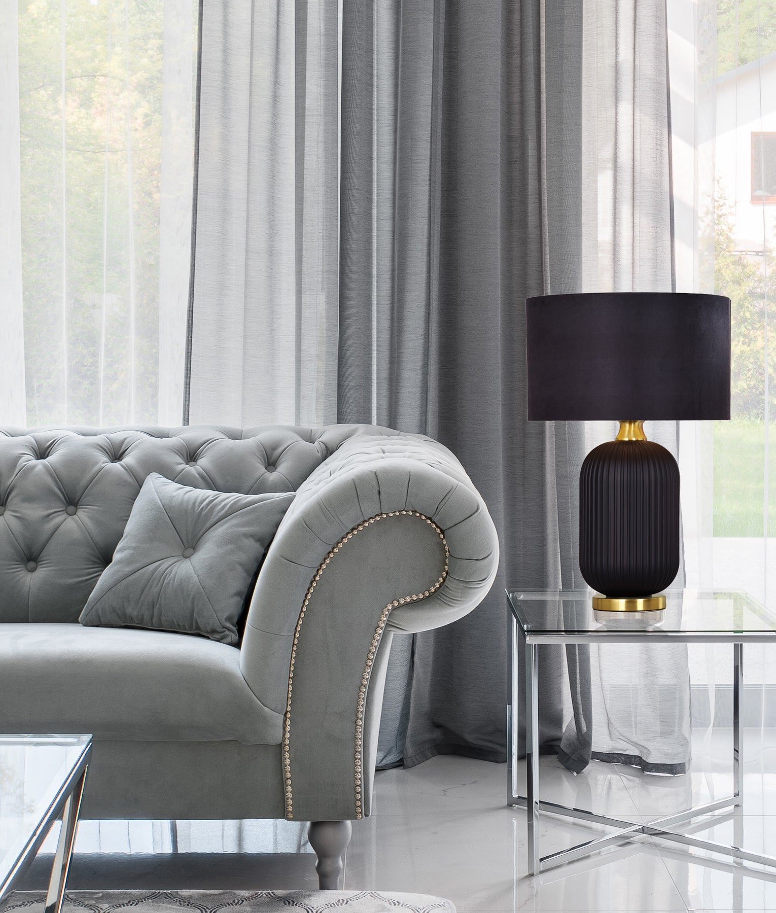 LUSSO: Interior Black Drum Shade Ceramic Base with Antique Brass Highlight Table Lamps