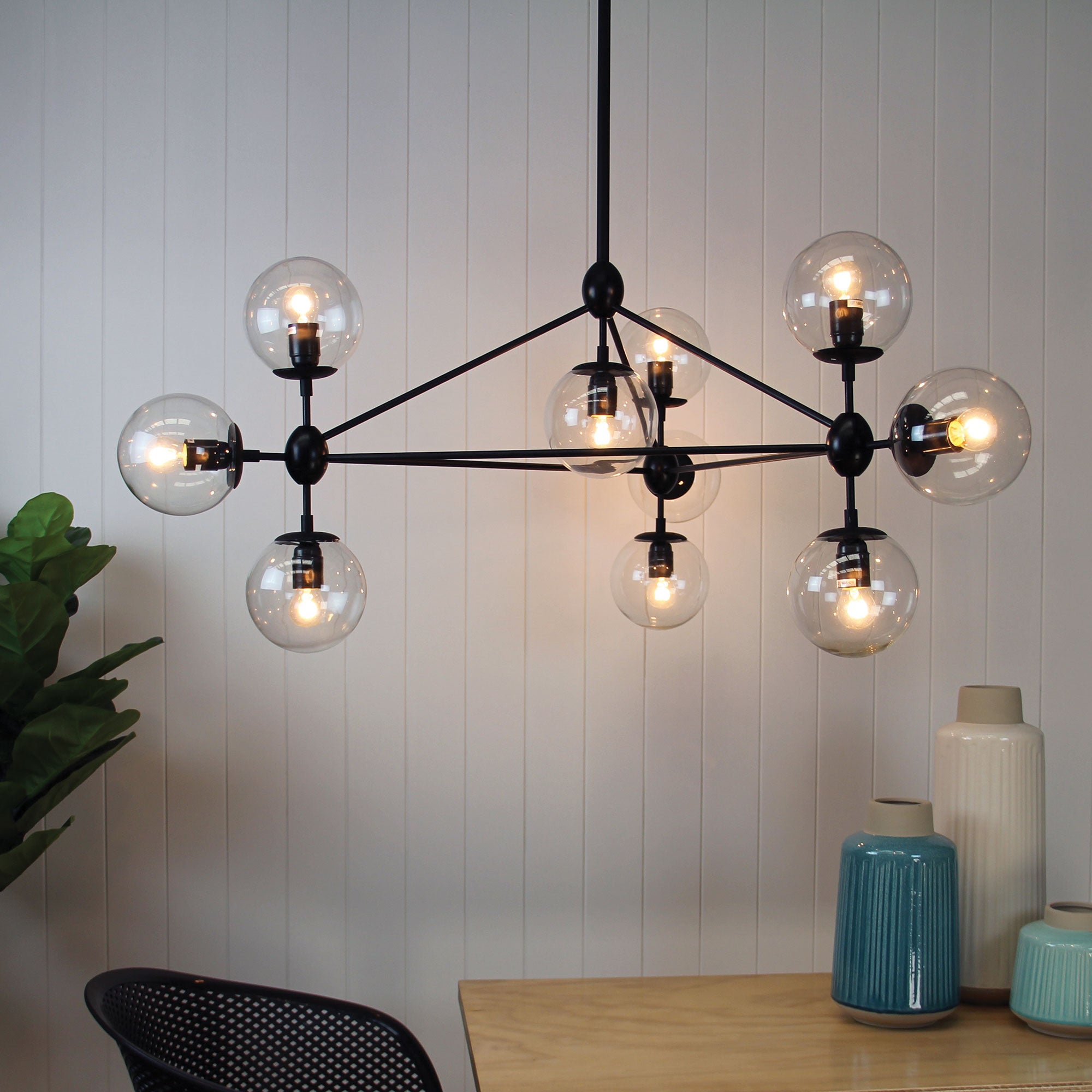 Brockton Matt Black & Clear Glass 10 Light Pendant