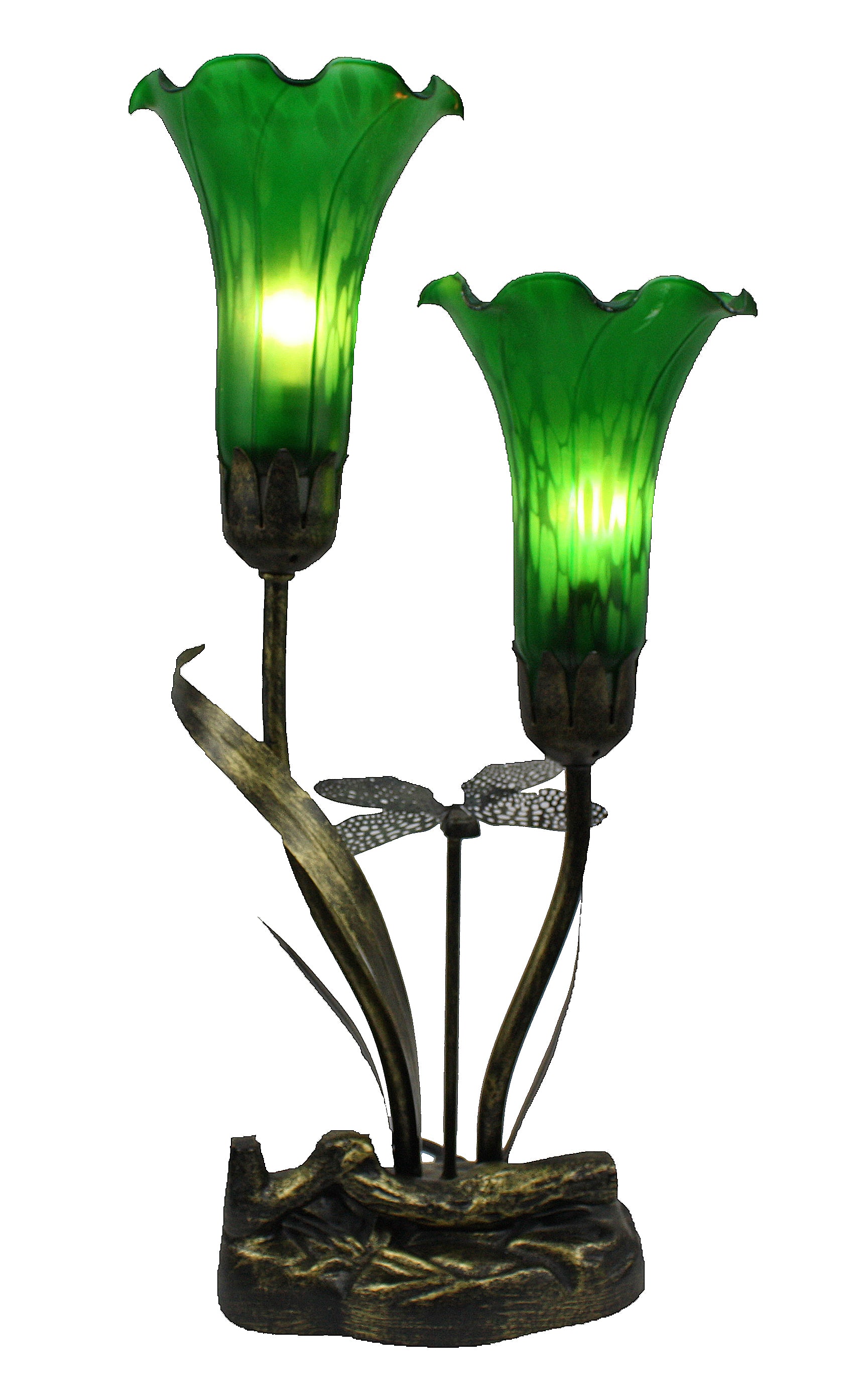 Double Branch Upward Dragonfly Lily Tiffany Table Lamp