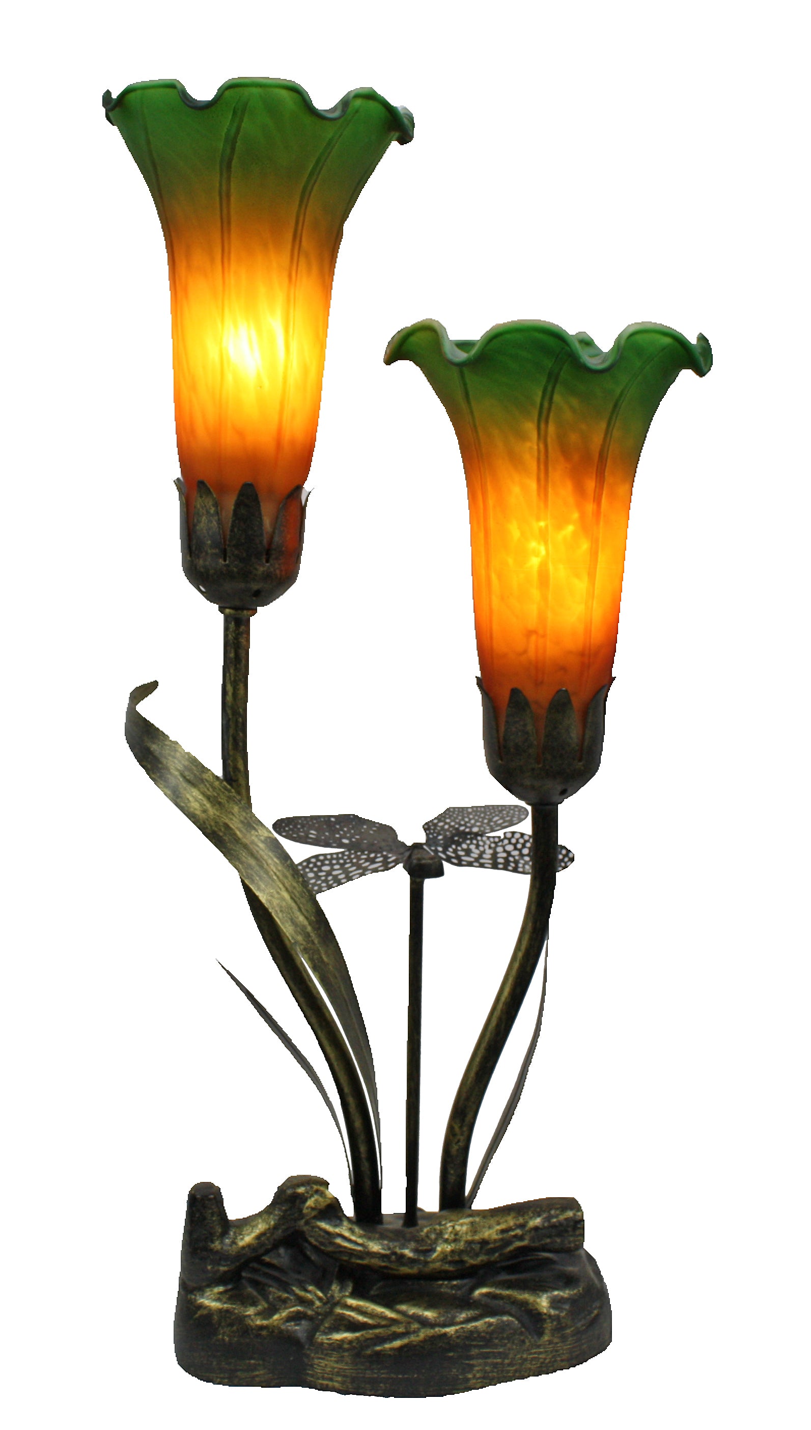 Double Branch Upward Dragonfly Lily Tiffany Table Lamp