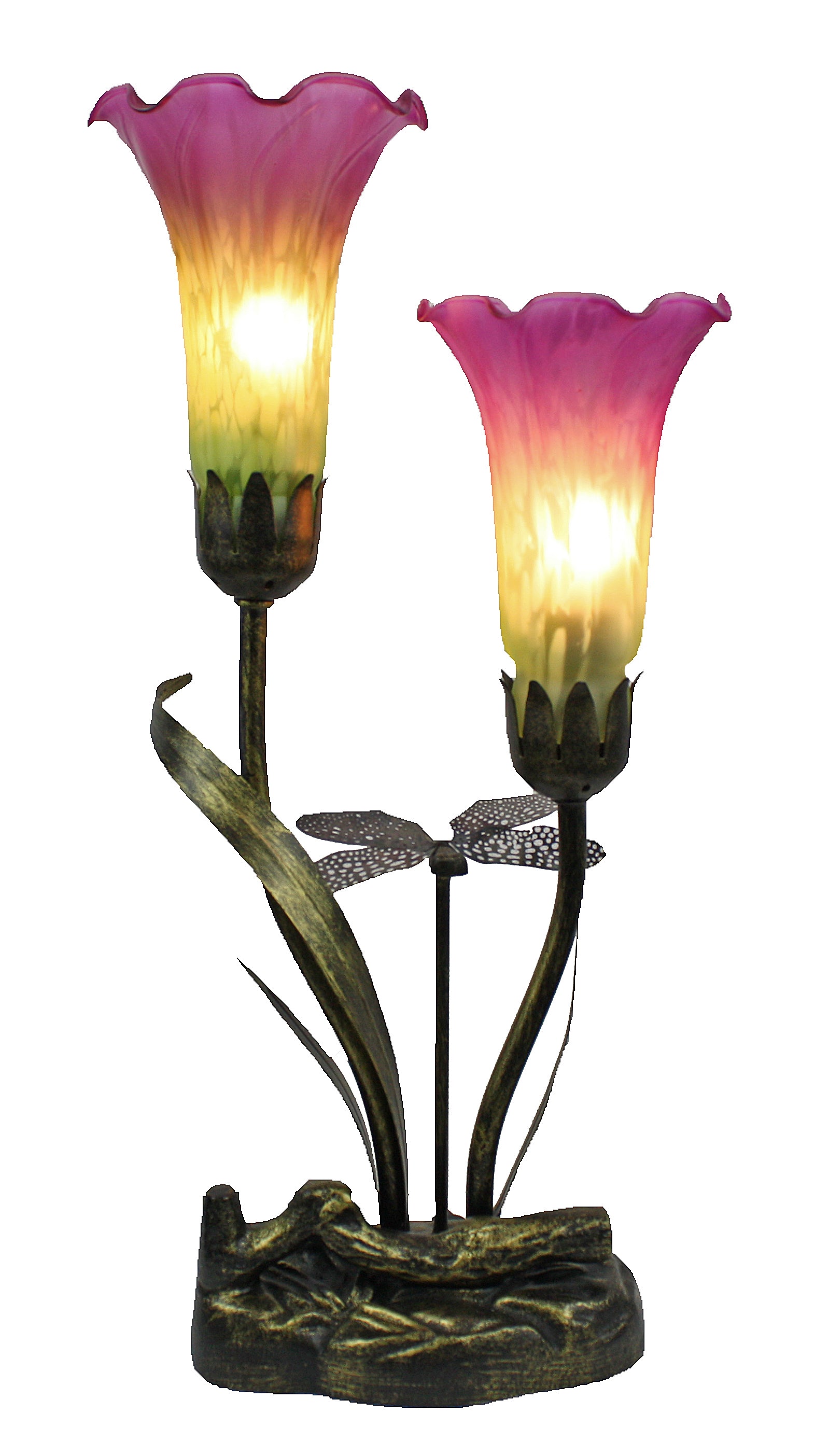 Double Branch Upward Dragonfly Lily Tiffany Table Lamp