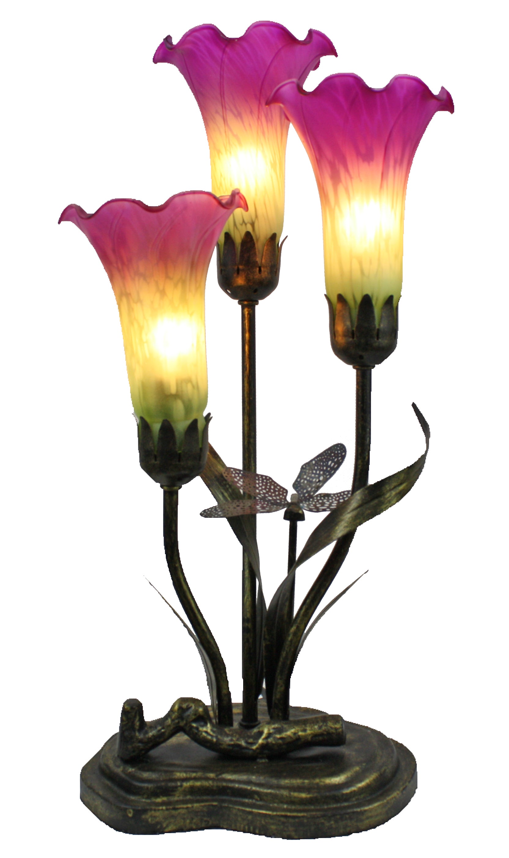 Triple Branch Upward Dragonfly Lily Tiffany Table Lamp