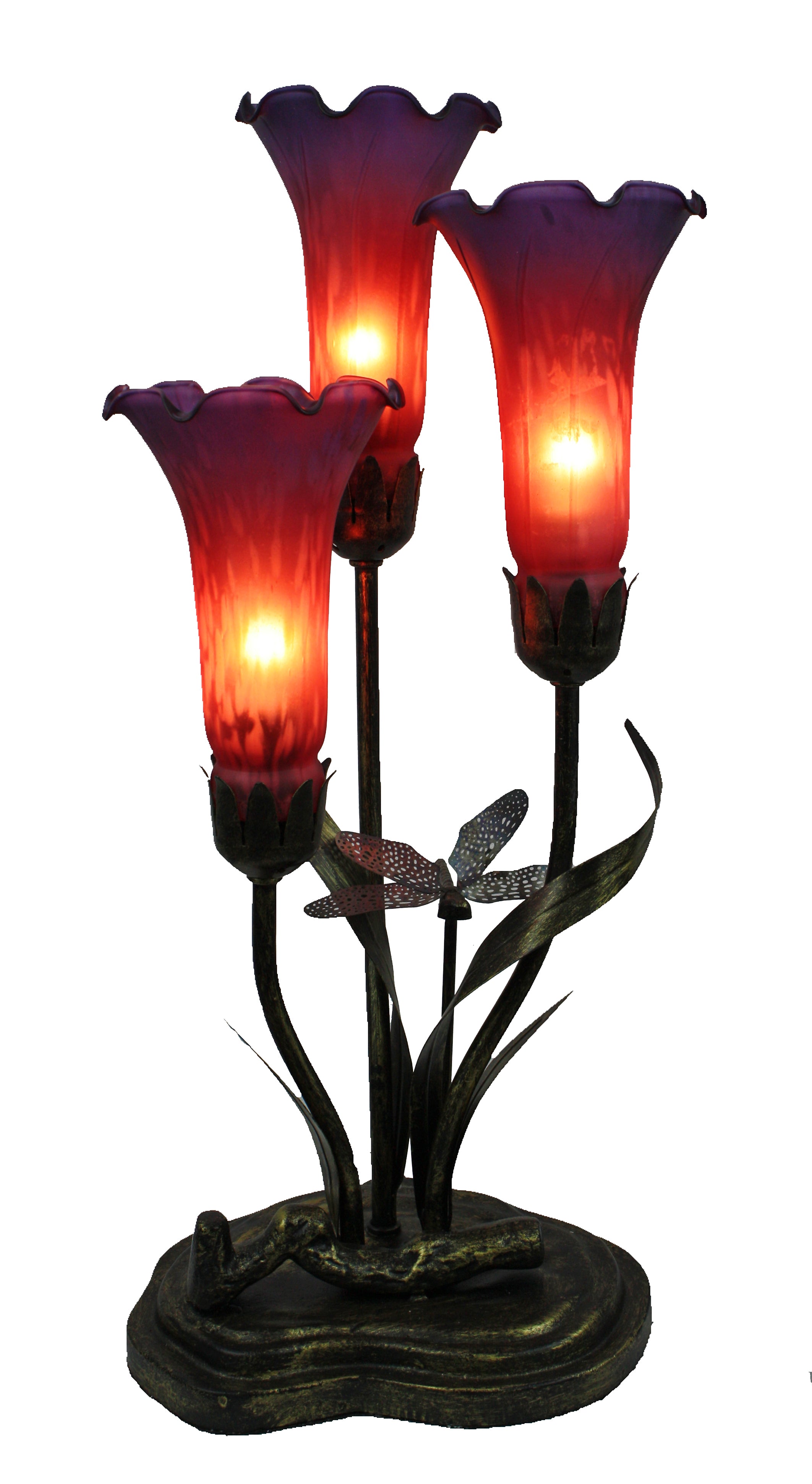 Triple Branch Upward Dragonfly Lily Tiffany Table Lamp