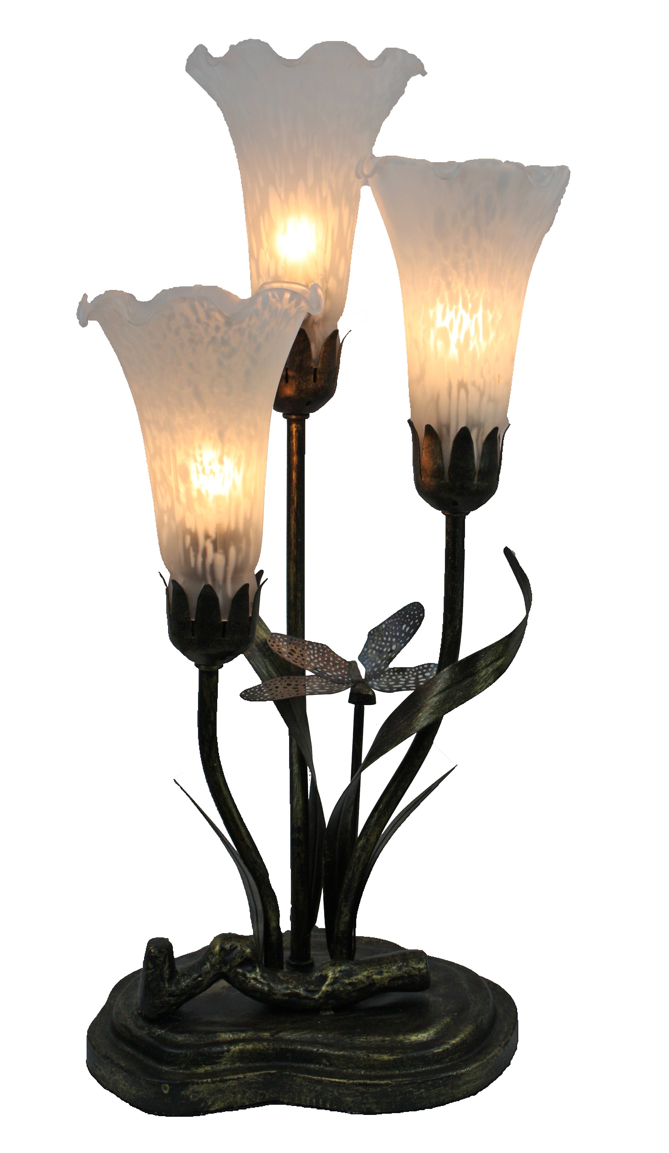 Triple Branch Upward Dragonfly Lily Tiffany Table Lamp