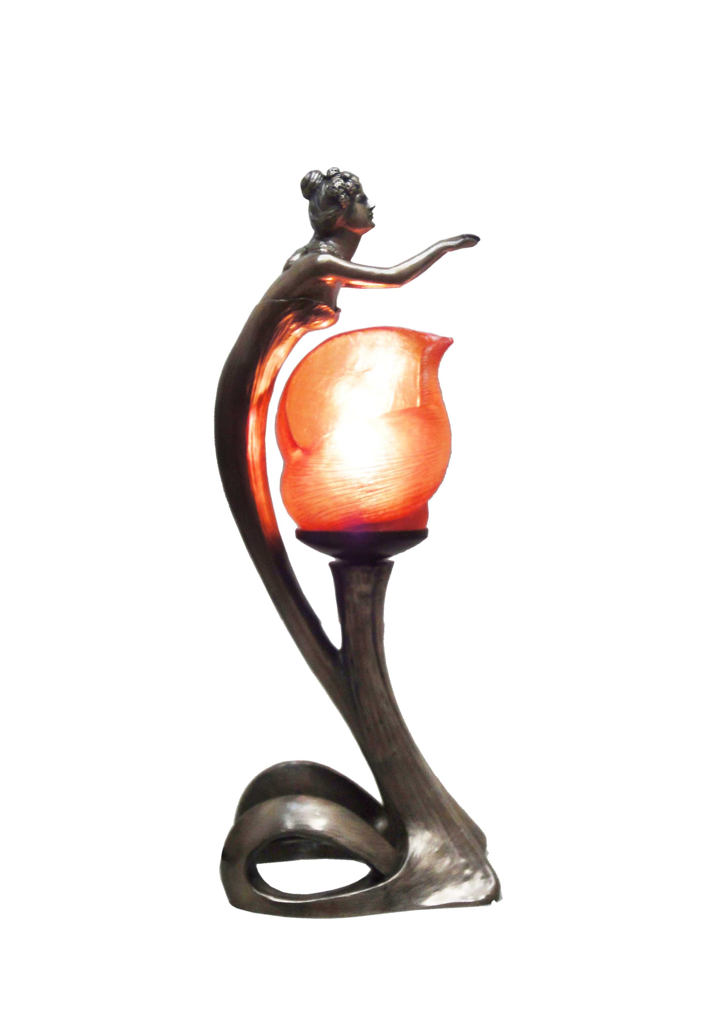 Art Nouveau style lamp with resin shade, cold cast bronze.
