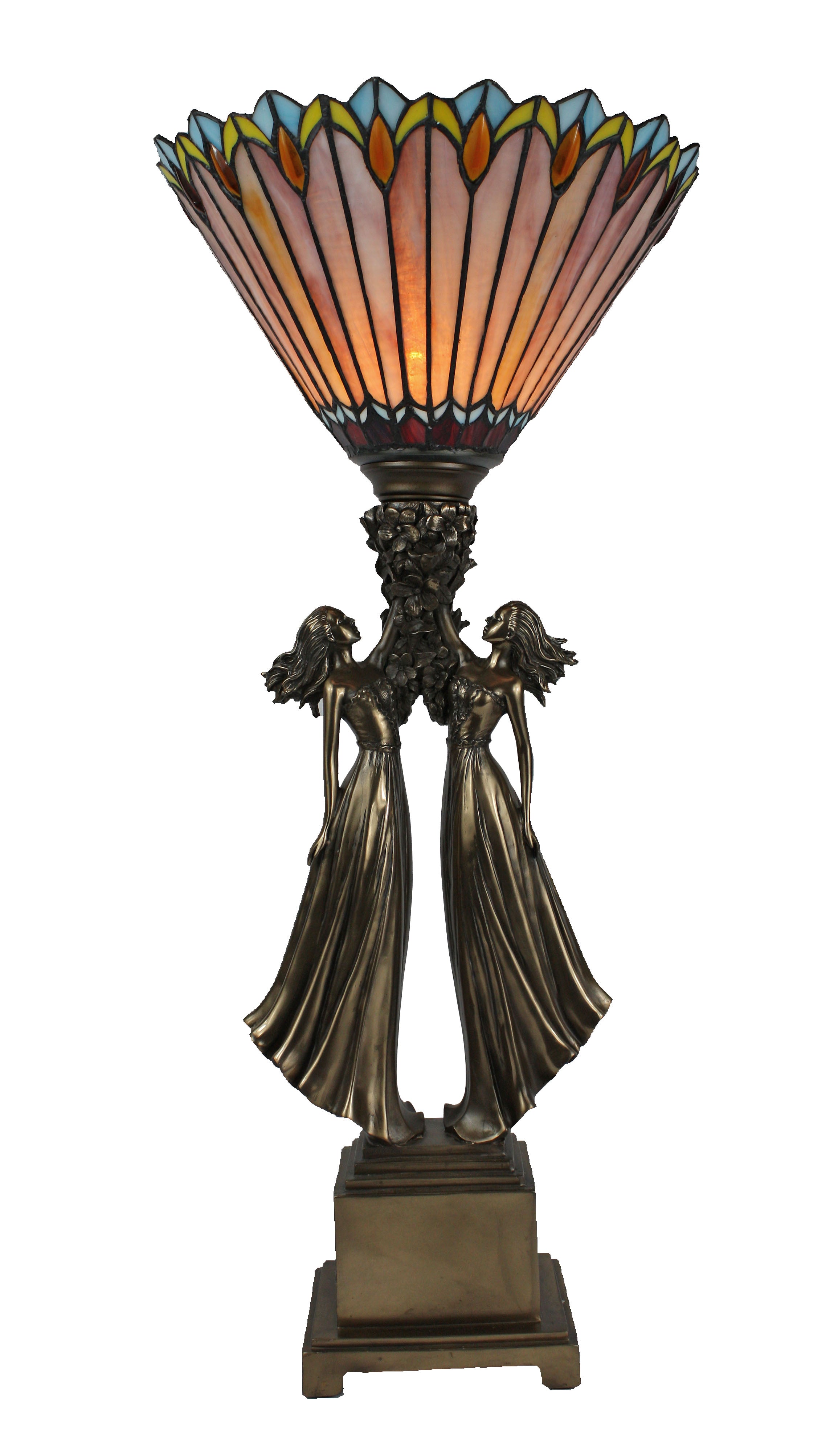 Sisters Upholding Peacock Leadlight Shade Cold Cast Bronze Lamp
