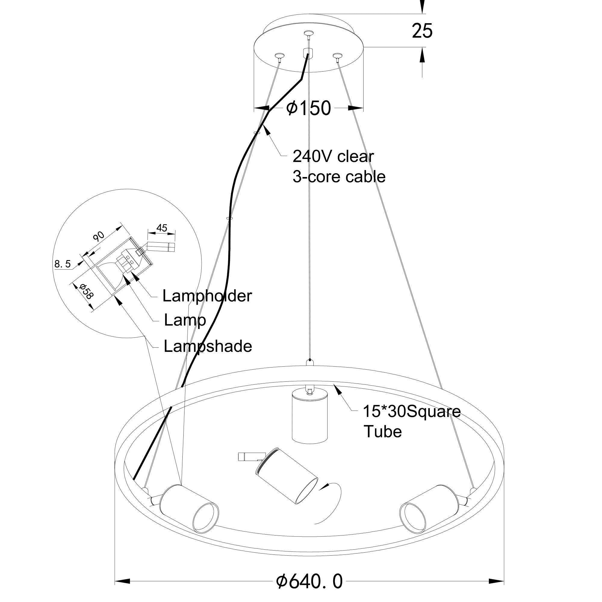 Pano.3 Black GU10 3 Light Round Adjustable Spot Pendant