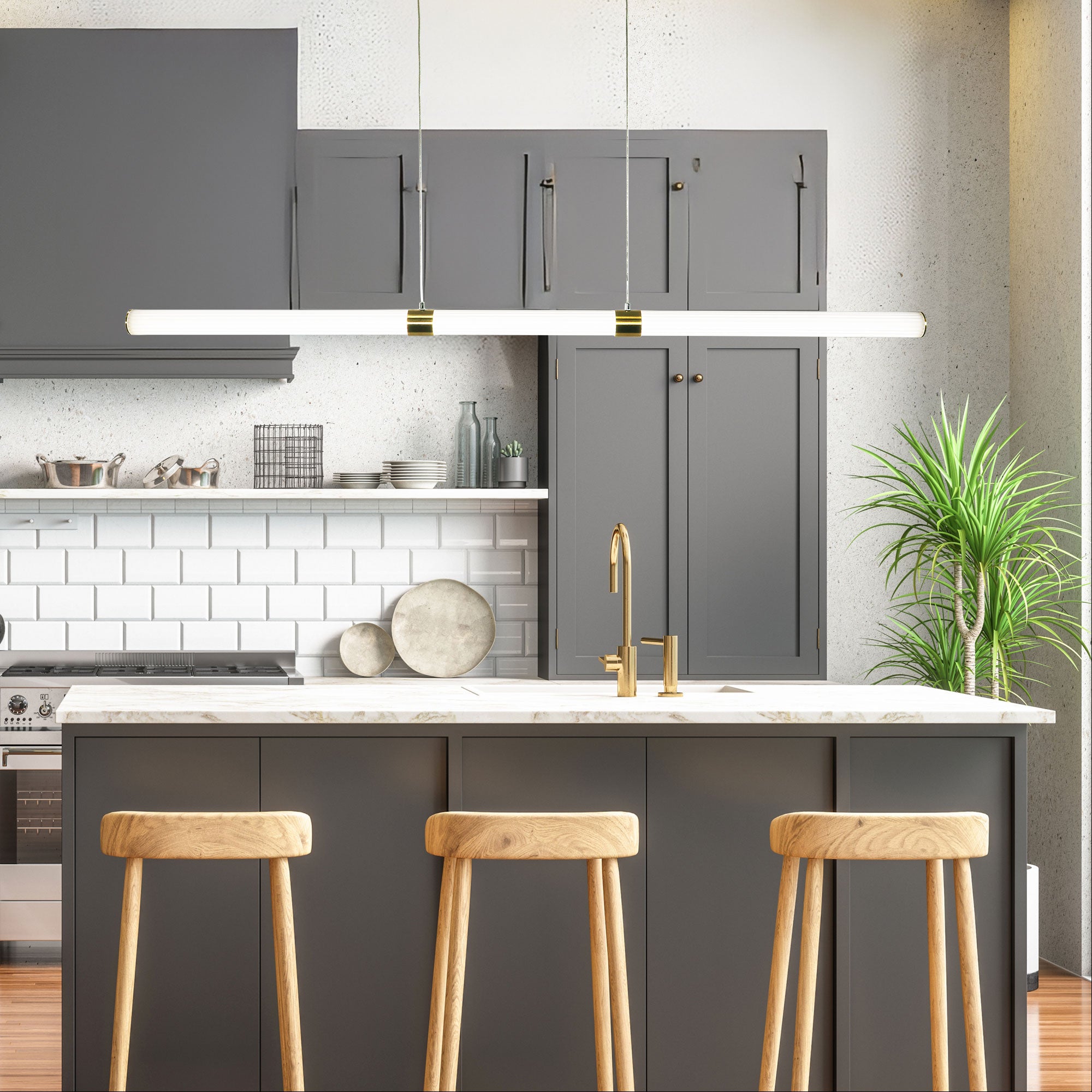 Maxwell Satin Brass & Opal Ribbed Acrylic 30W CCT Linear LED Pendant