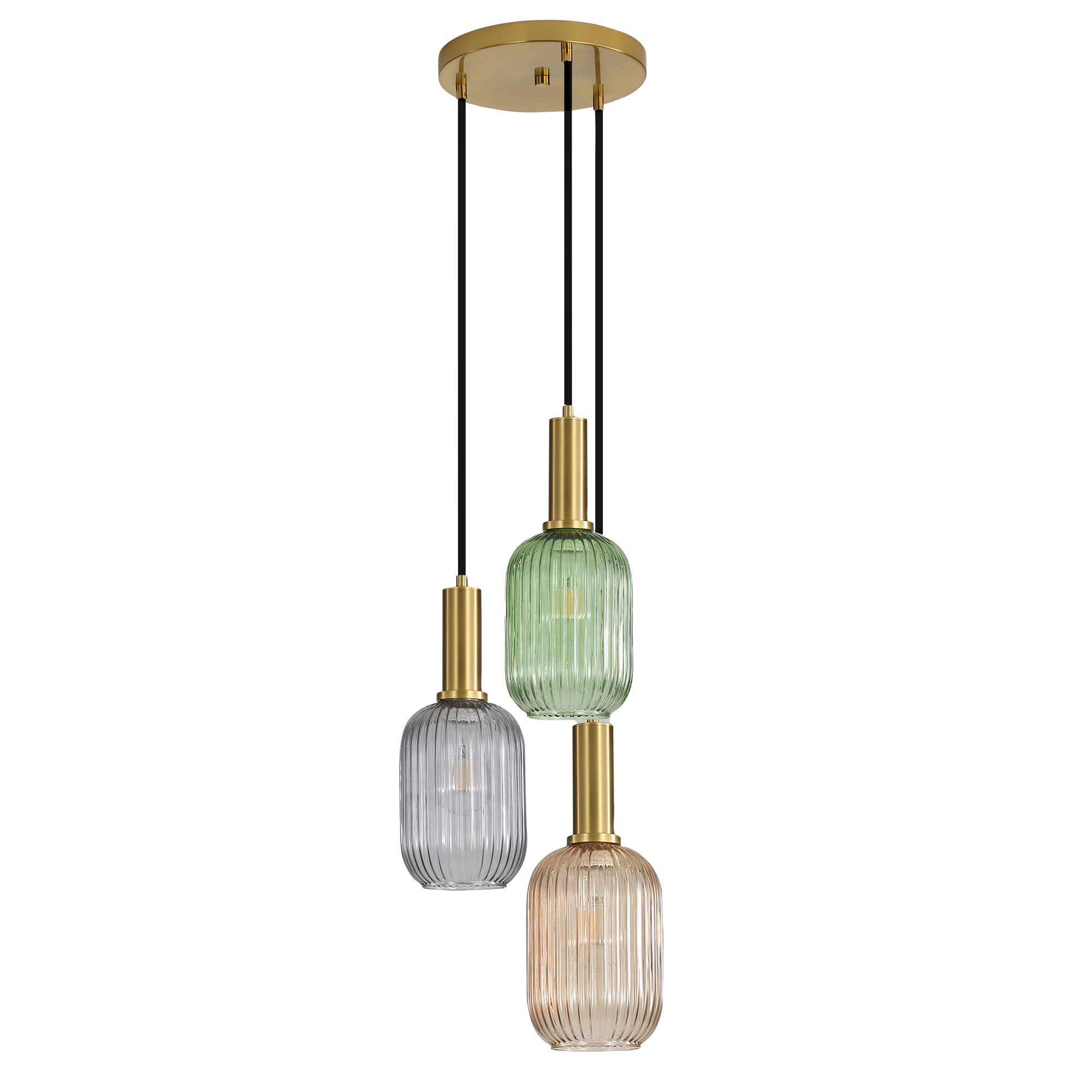 Luxe Trilight Antique Brass with Green, Amber & Smoke Glass 3 Light Pendant