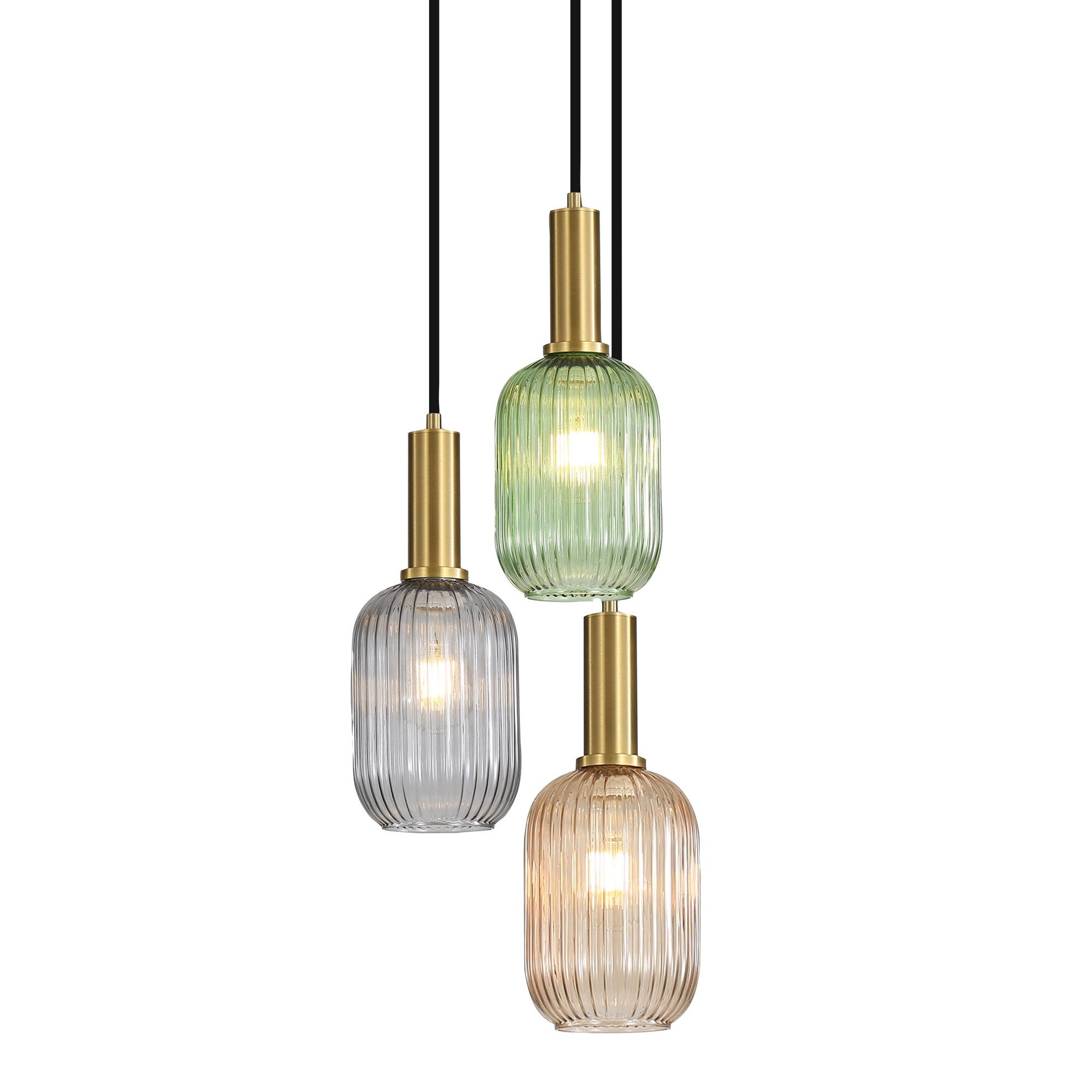 Luxe Trilight Antique Brass with Green, Amber & Smoke Glass 3 Light Pendant