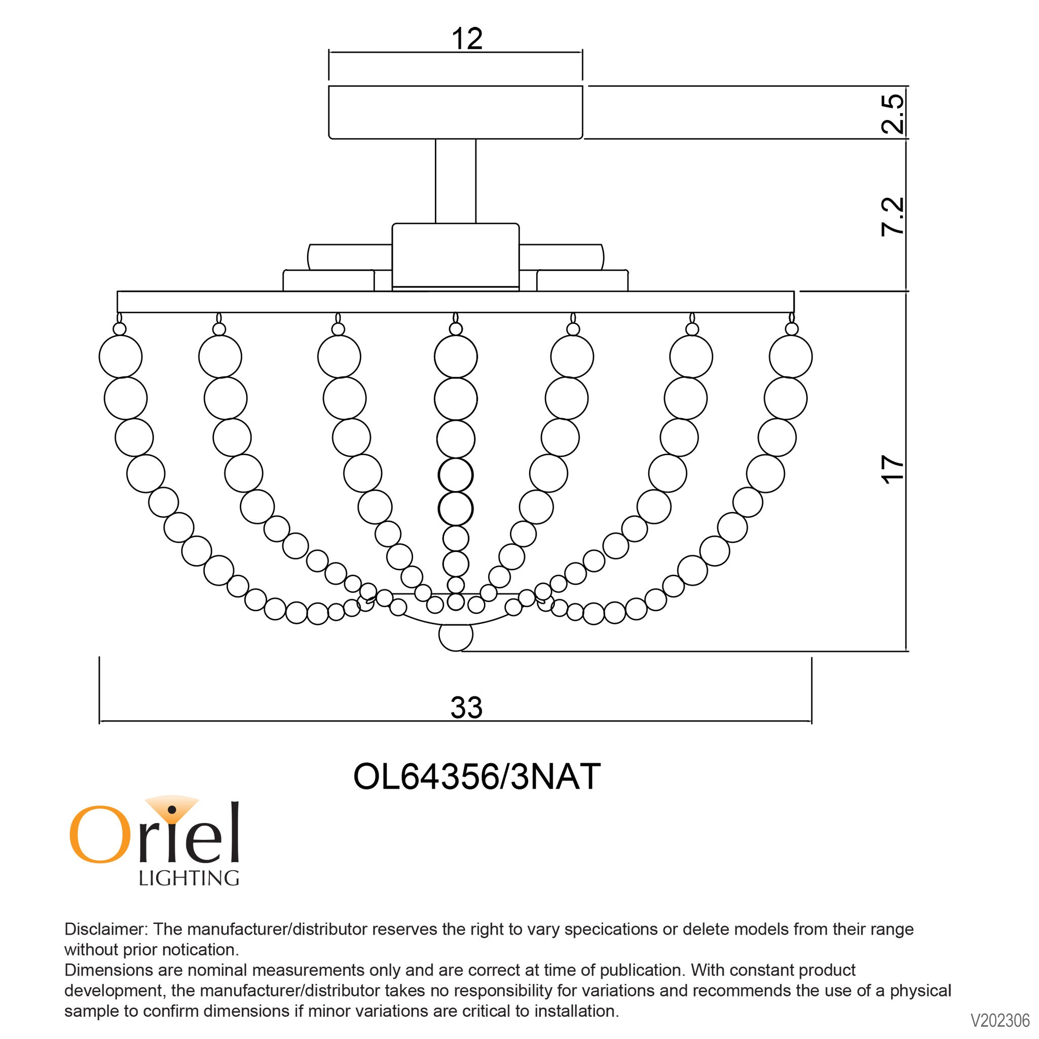 Cascara Natural Wooden Beaded 3 Light Ctc Ceiling Light