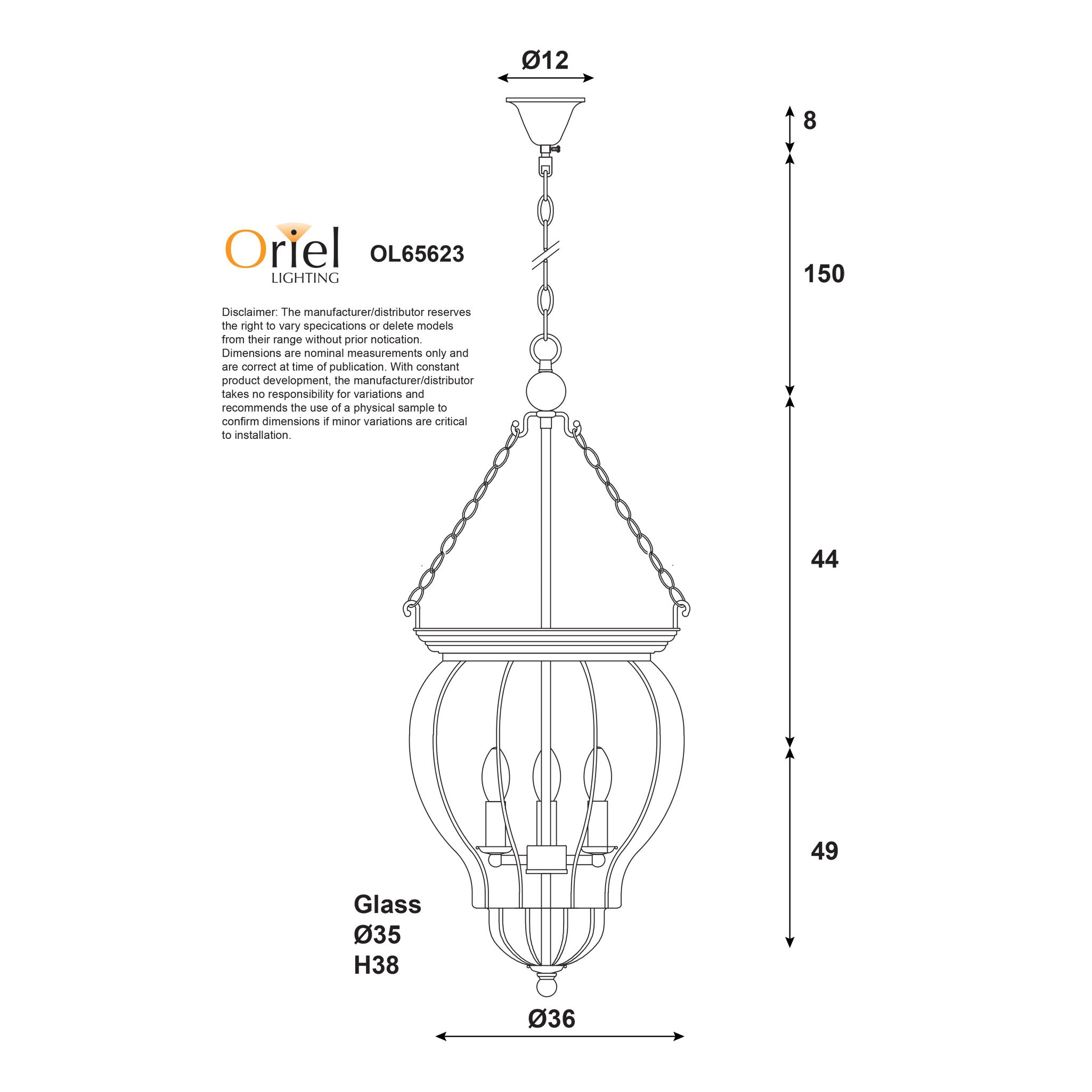 Newham Black & Clear Glass 3 Light Traditional Pendant