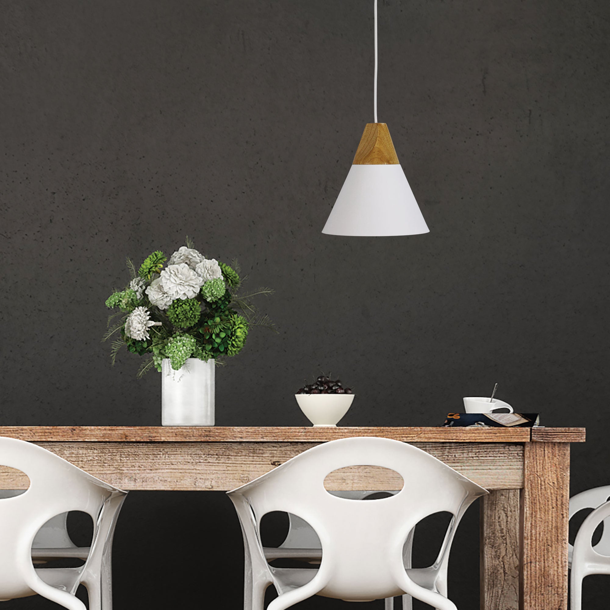 Trigo.20 White & Timber Stylish Conical White Pendant