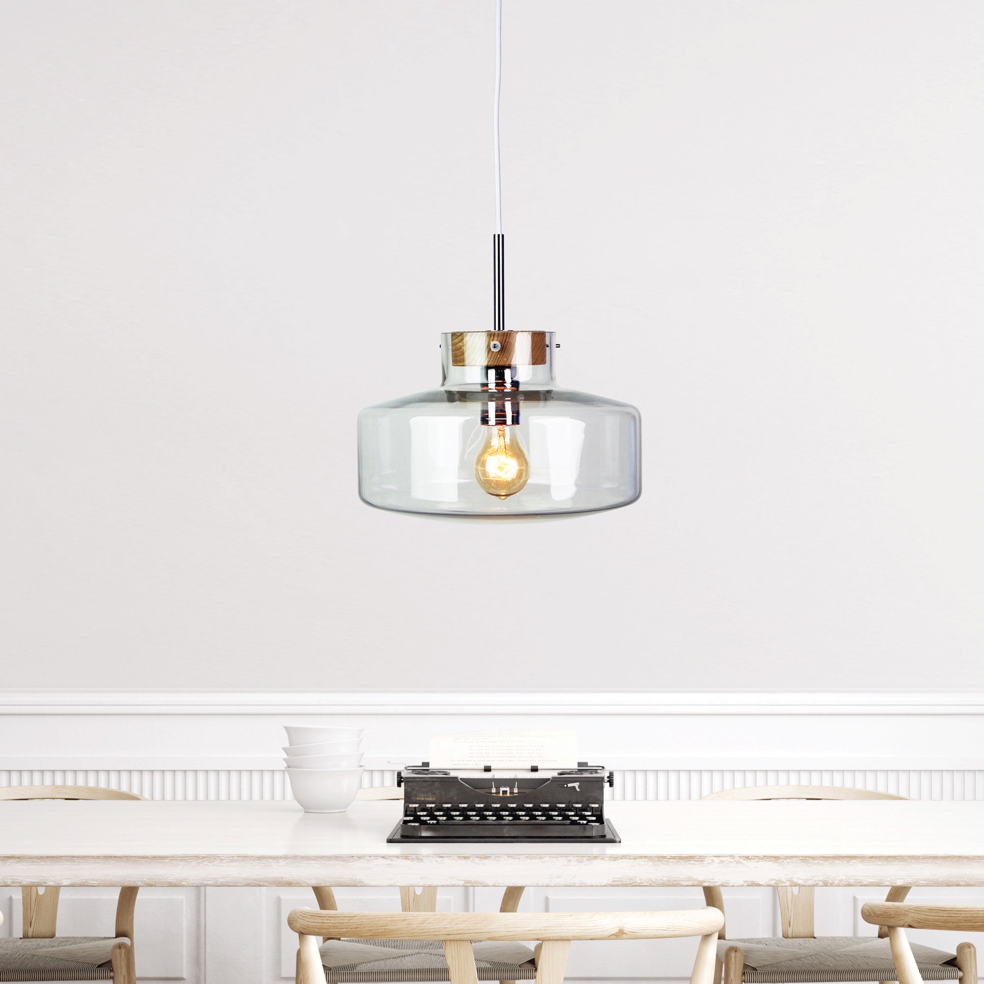 Holbeck.30 Chrome, Timber & Clear Glass Scandi Pendant