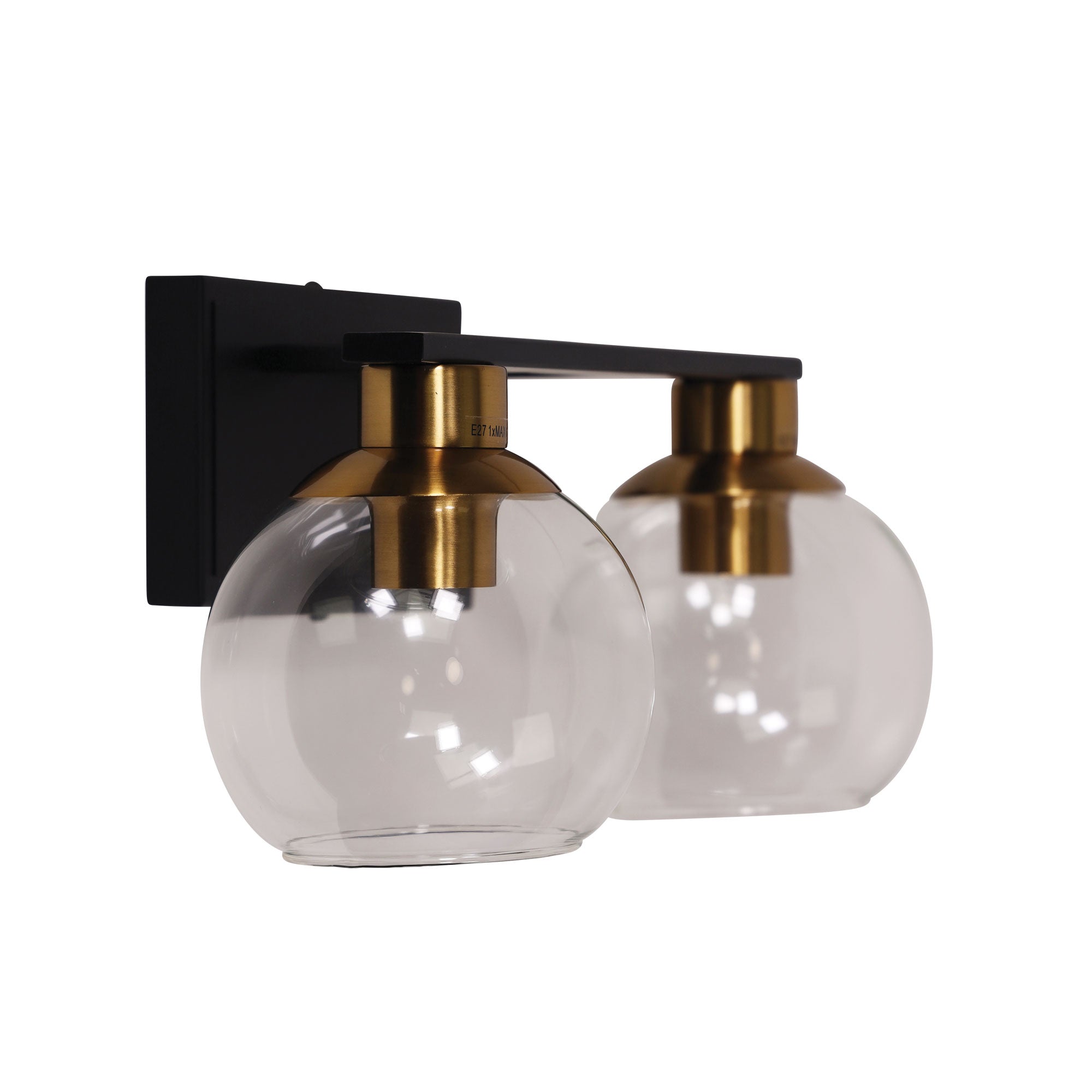 Clayton Black, Satin Brass & Clear Glass 2 Light E27 Wall Light