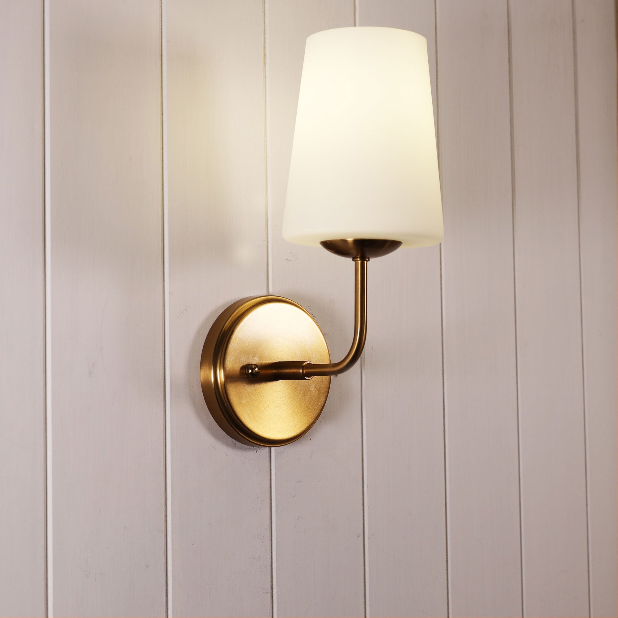 Hopley Satin Brass & Opal Glass E27 Wall Light