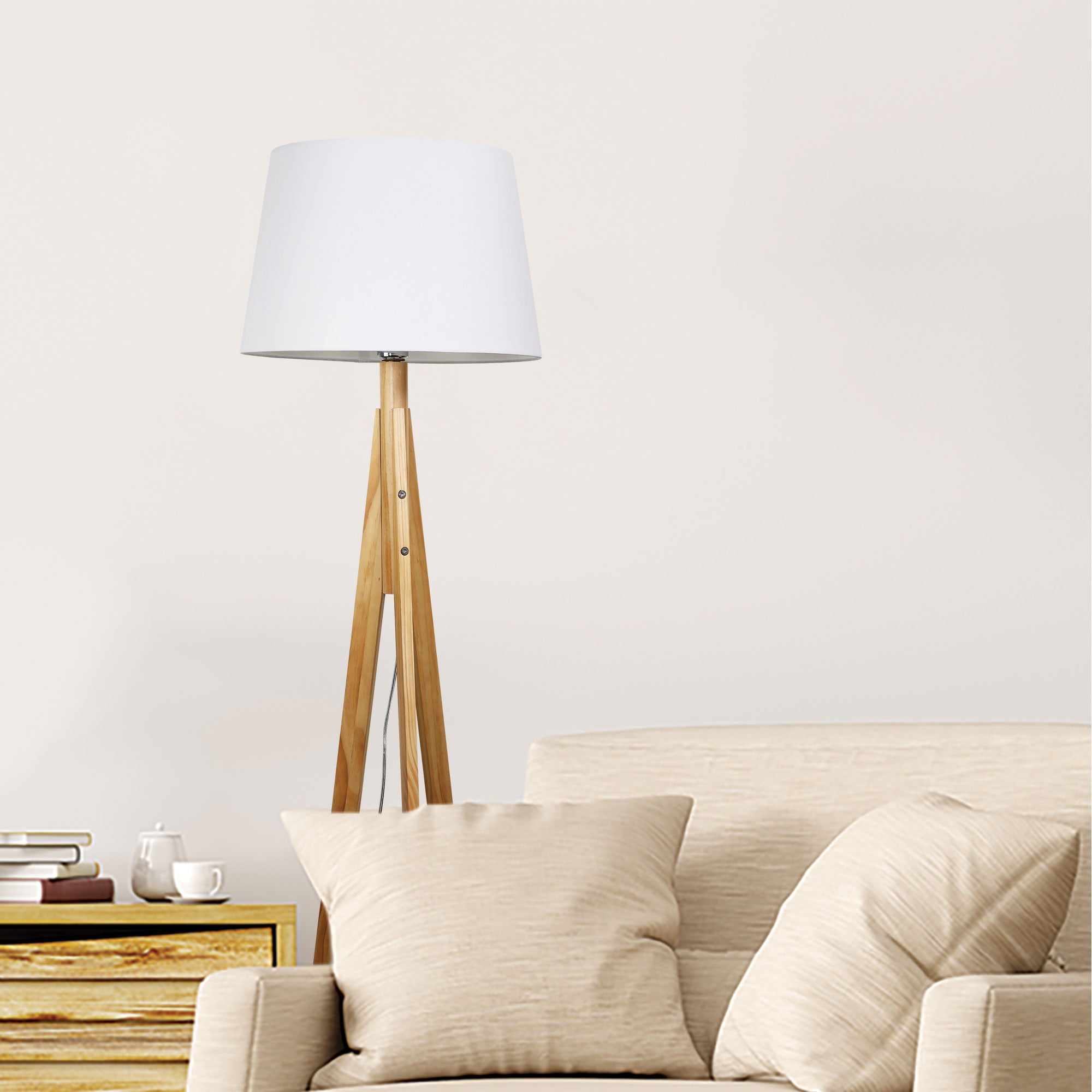 Stabb Natural Pine & White Fabric Floor Lamp
