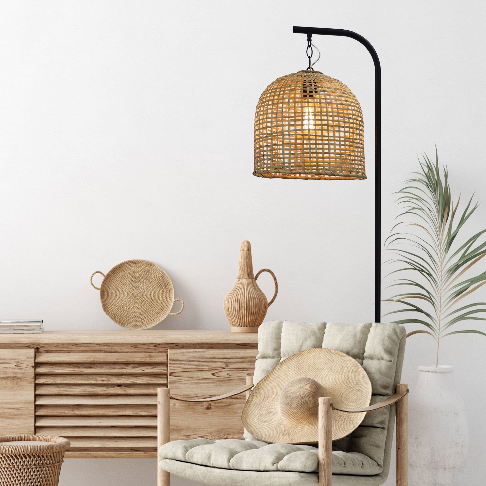 Jess Black & Natural Rattan Batur Shade Floor Lamp