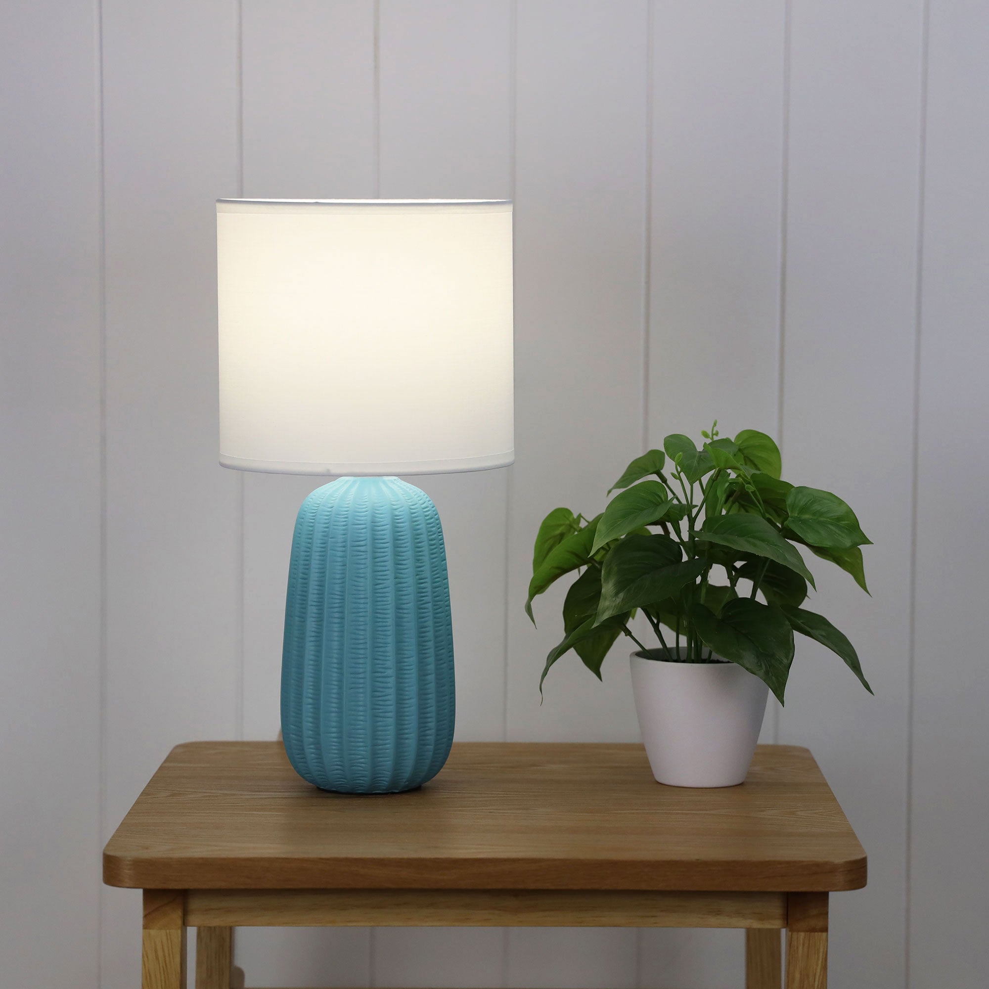 Benjy.20 Teal Blue Ceramic & White Fabric Table Lamp