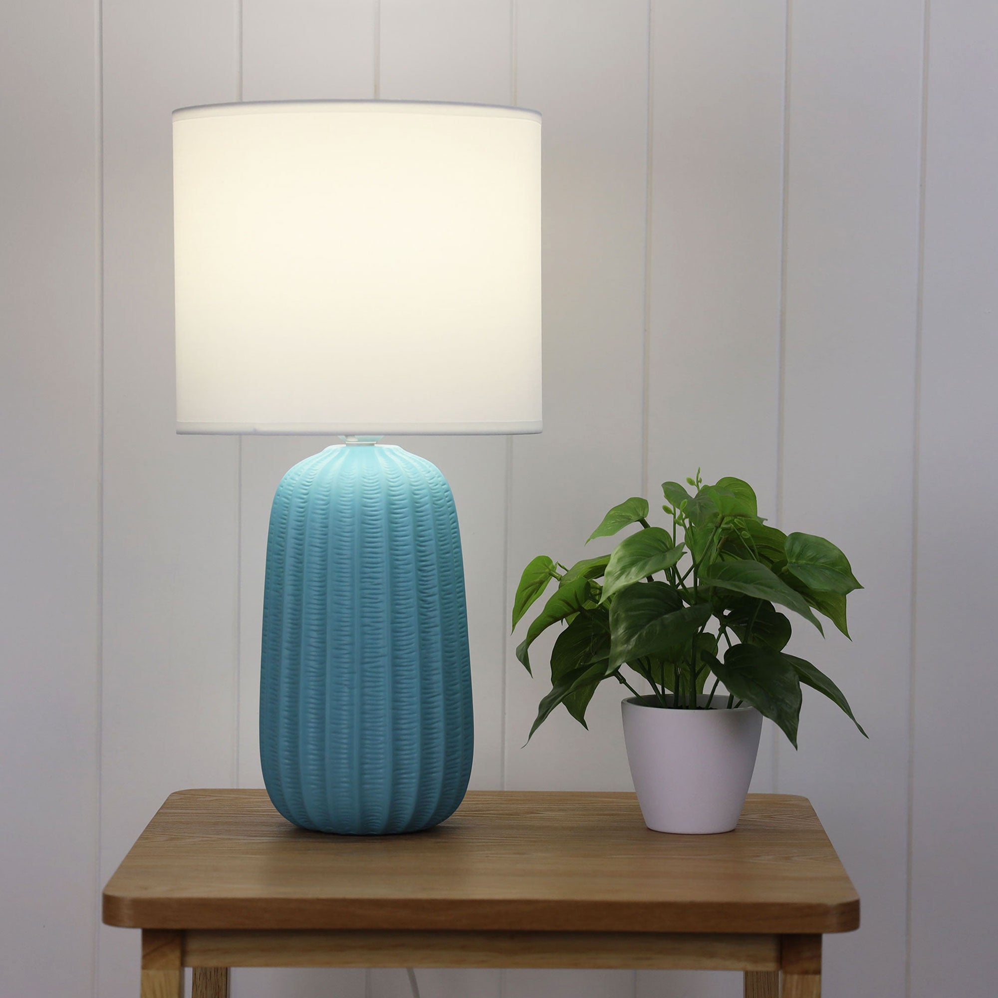 Benjy.25 Teal Blue Ceramic & White Fabric Table Lamp
