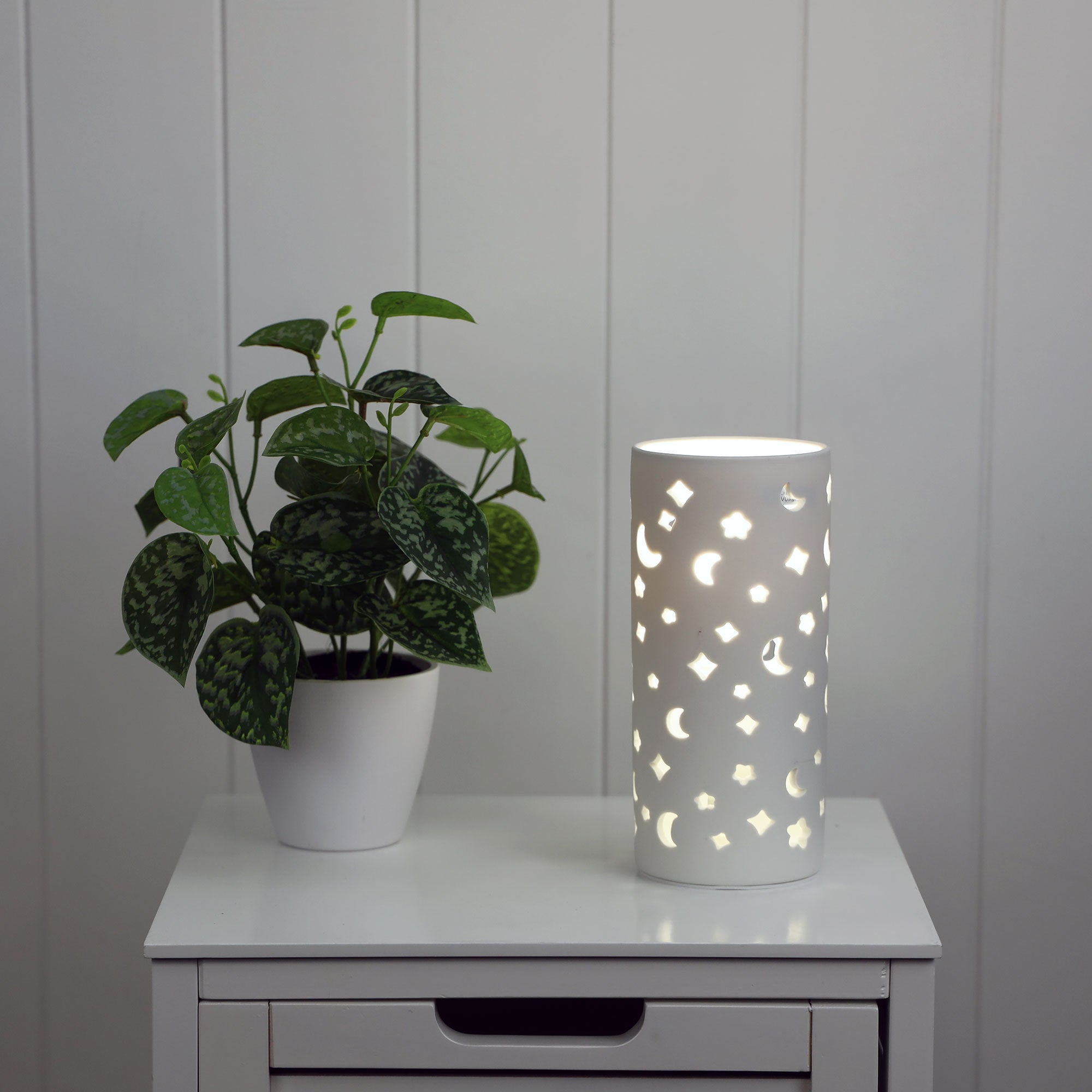 Dianna White Ceramic With Moon And Star Pattern Table Lamp